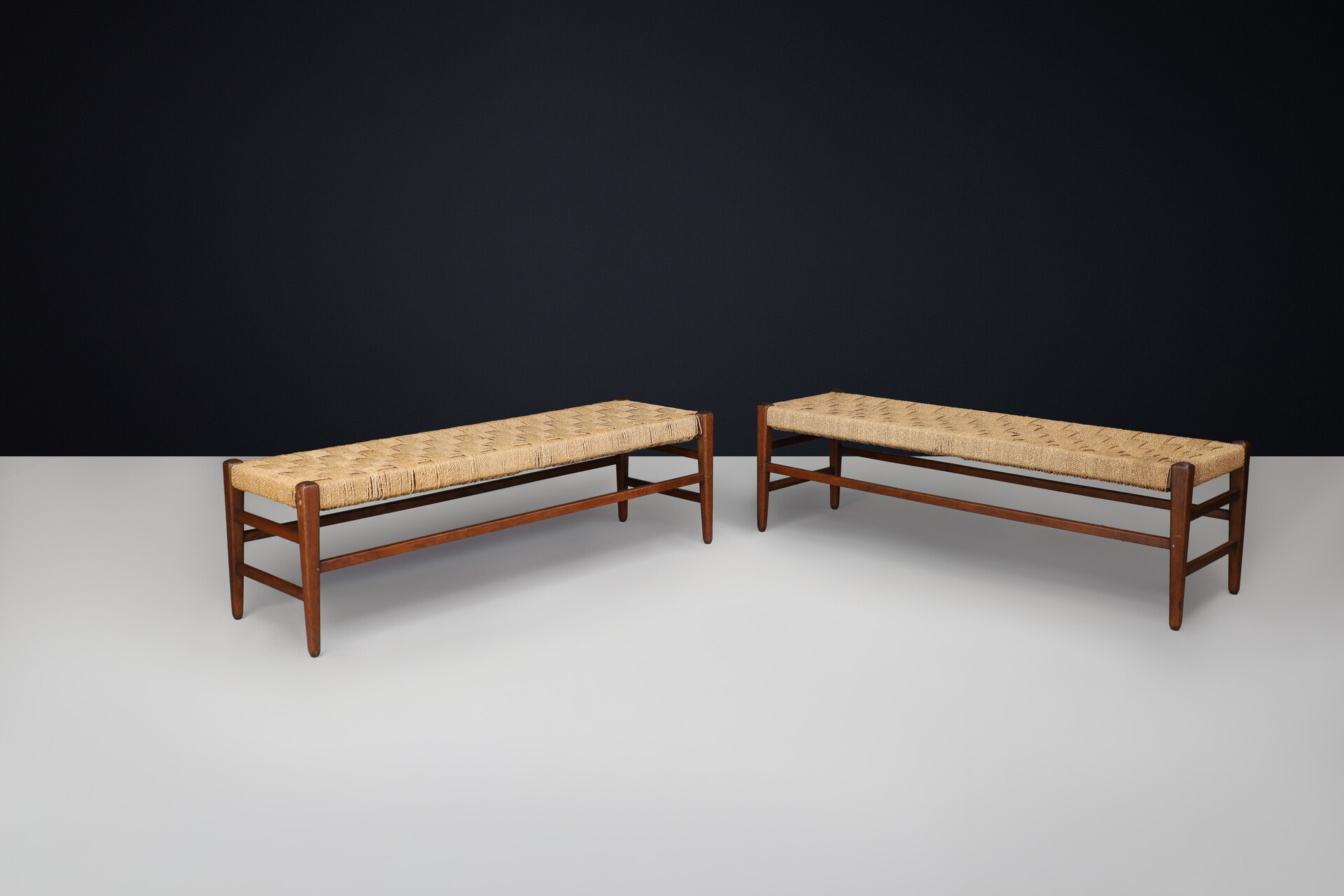 Mid century modern Rope and solid oak bench, France 1950s Mid-20th century