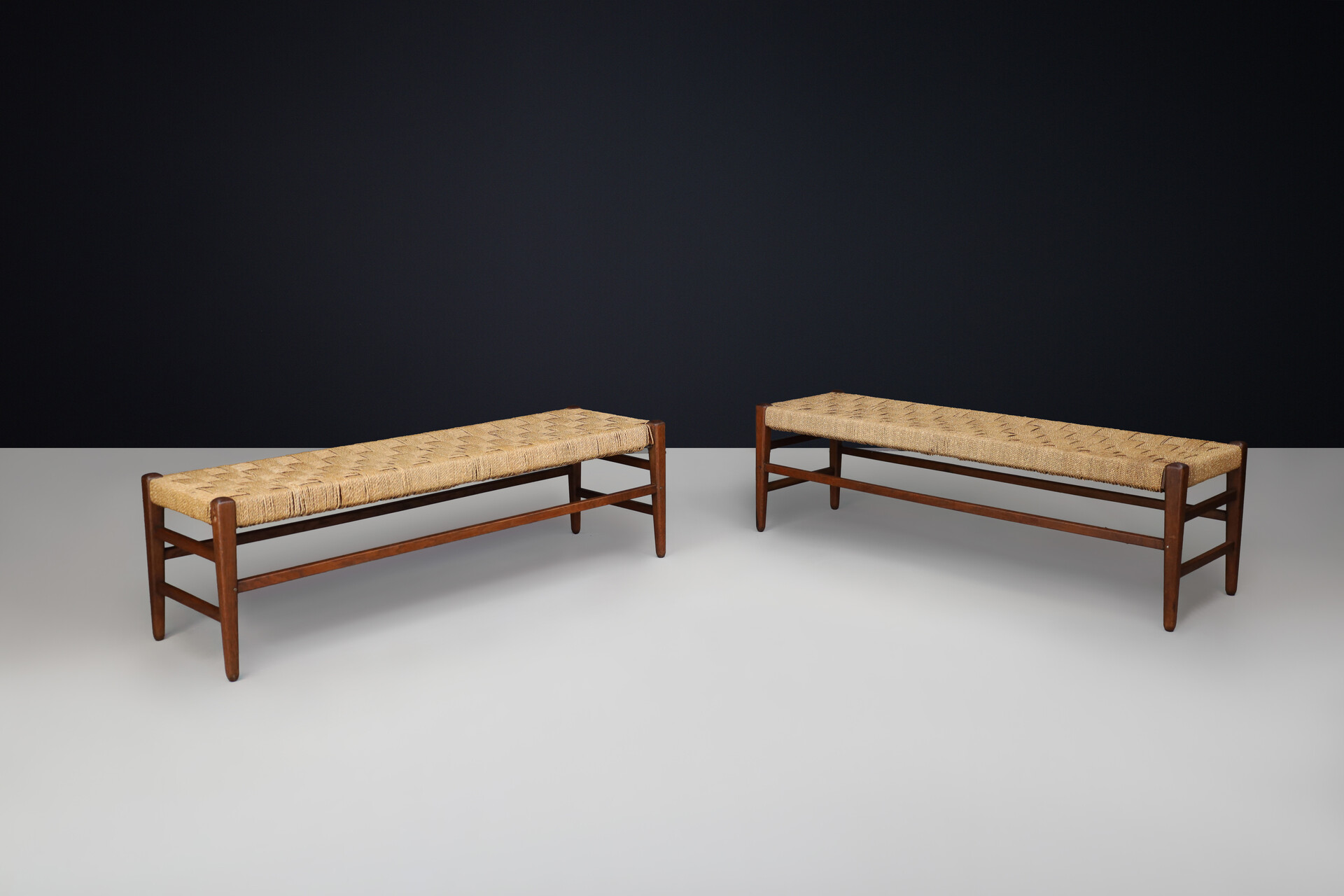 Mid century modern Rope and solid oak bench, France 1950s Mid-20th century