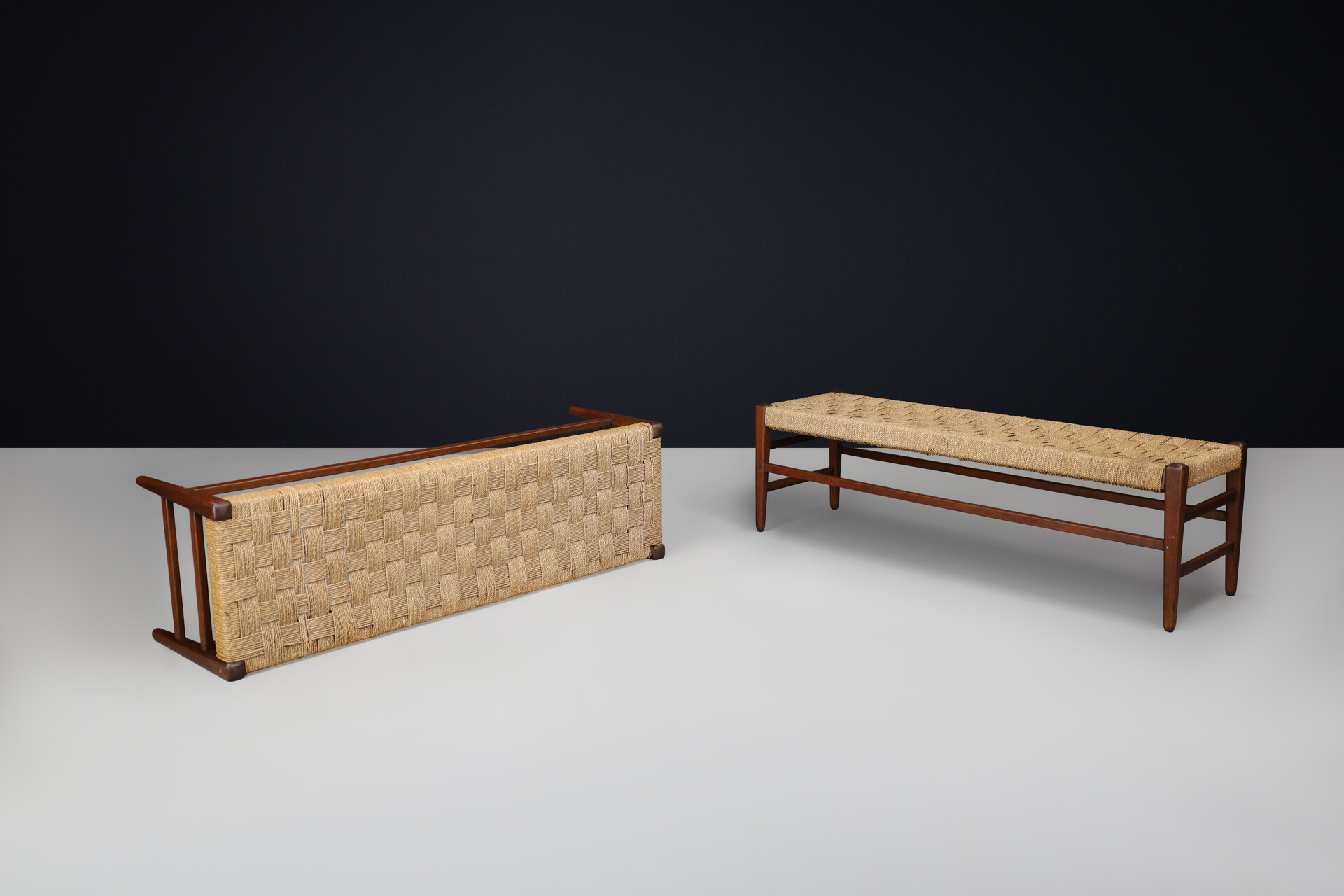 Mid century modern Rope and solid oak bench, France 1950s Mid-20th century