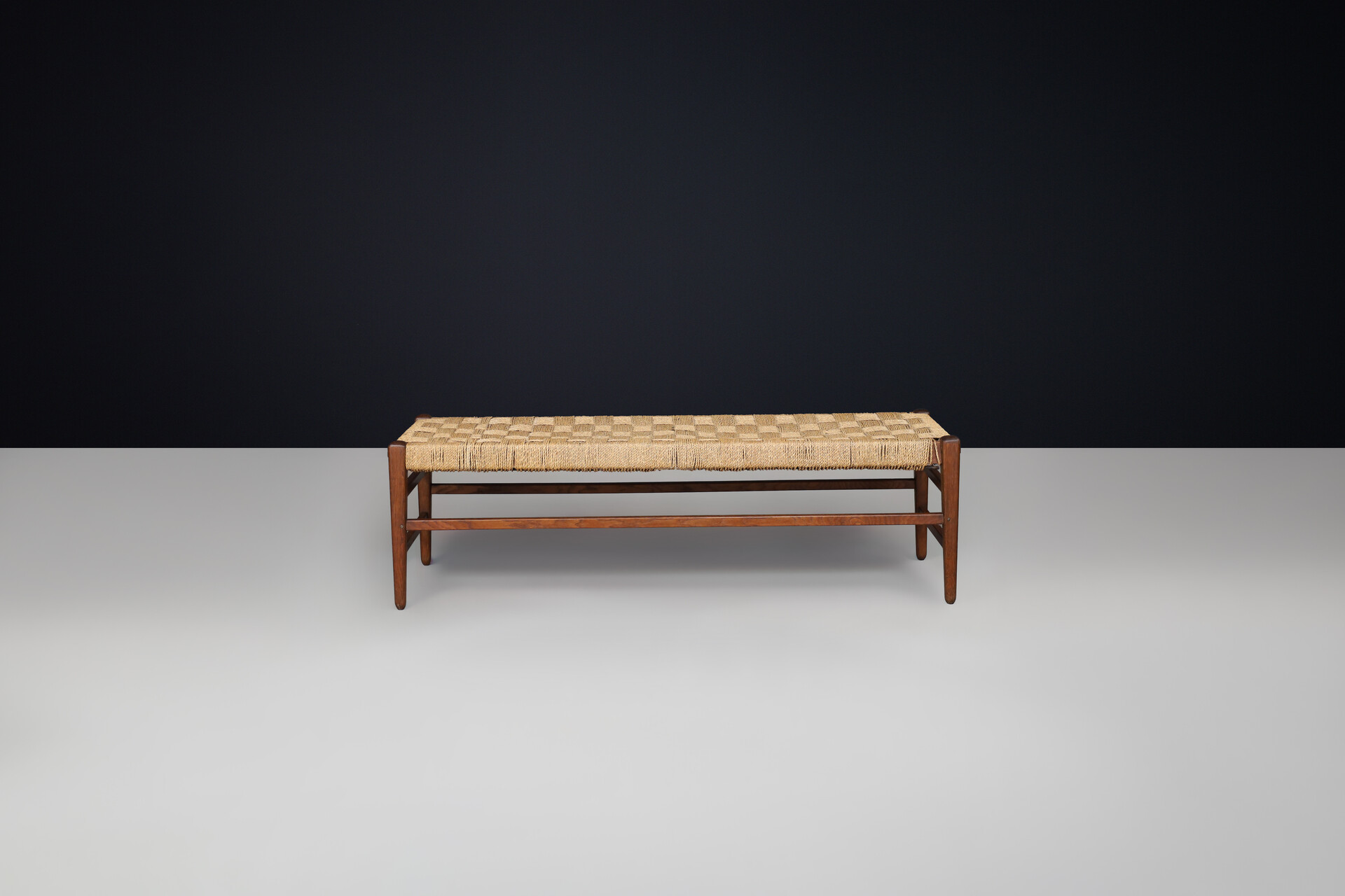 Mid century modern Rope and solid oak bench, France 1950s Mid-20th century