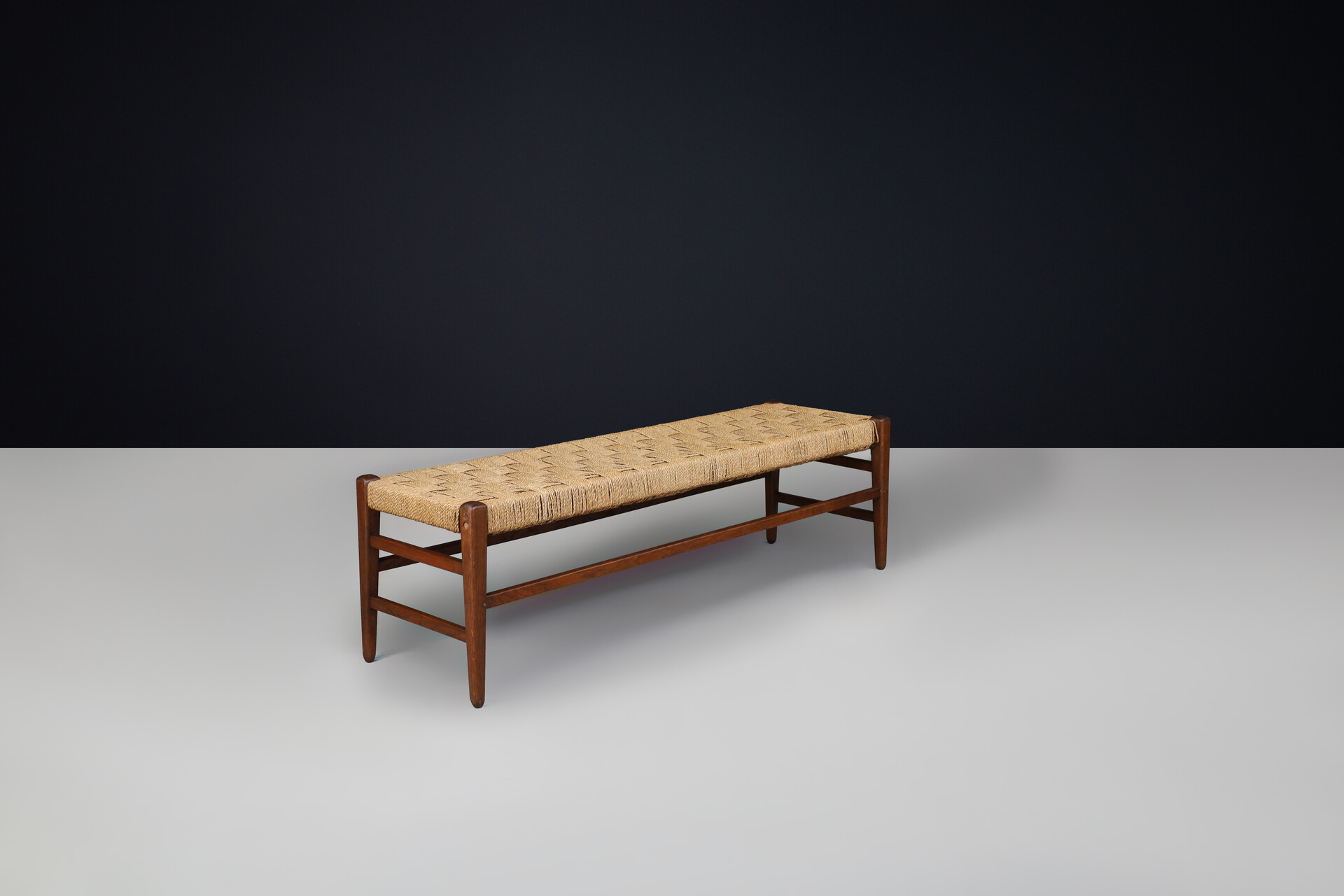 Mid century modern Rope and solid oak bench, France 1950s Mid-20th century