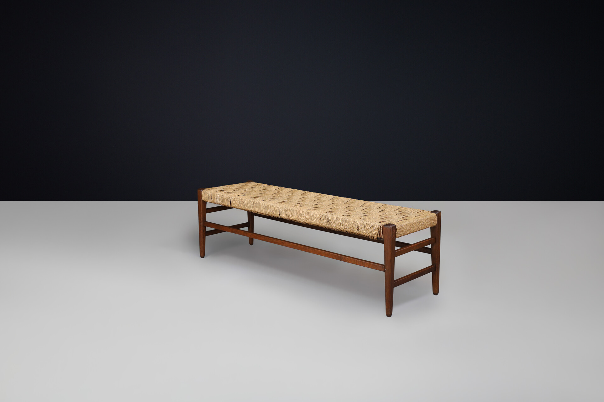 Mid century modern Rope and solid oak bench, France 1950s Mid-20th century