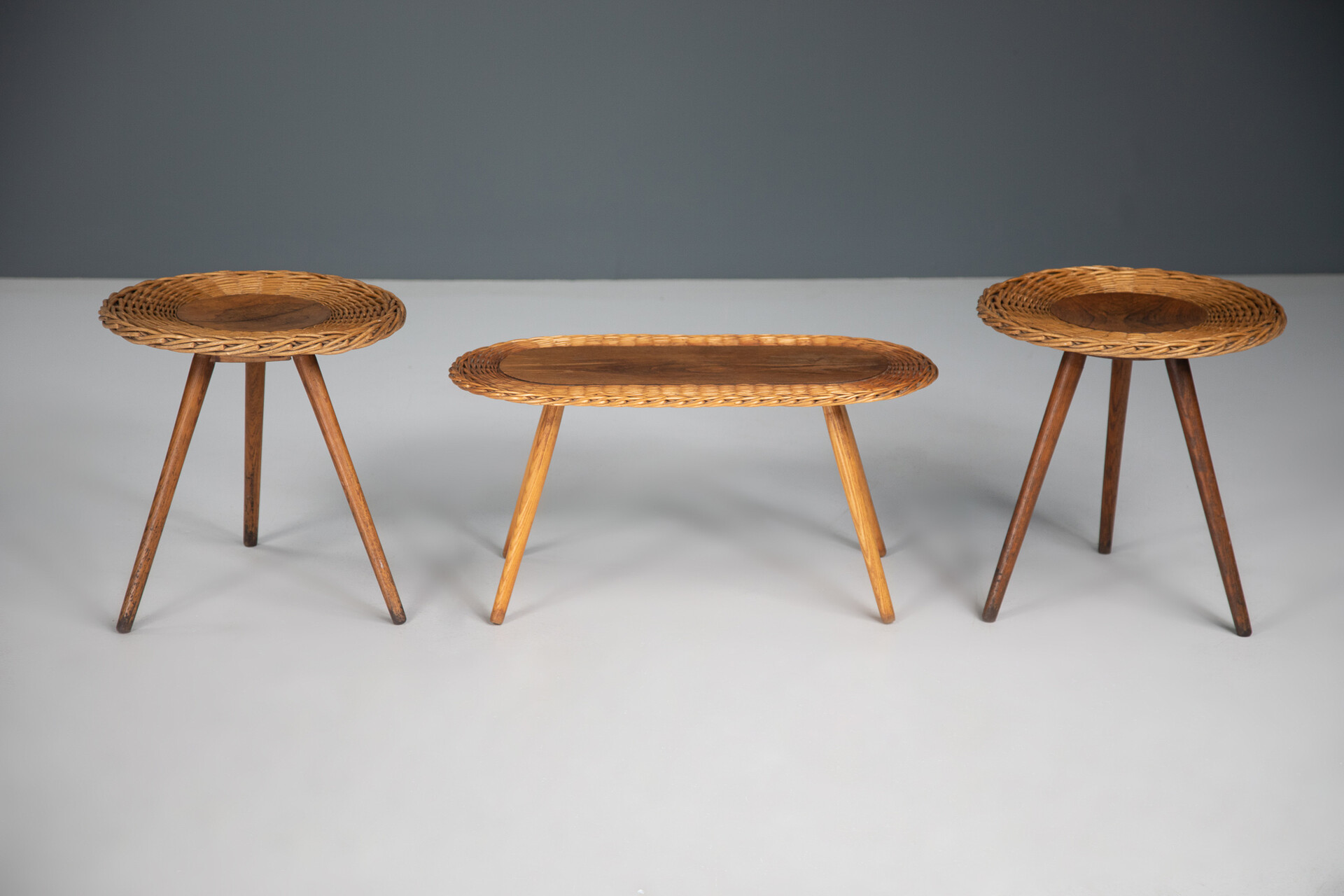 Mid century modern Set/3 wood and wicker side tables, France 1950s Mid-20th century