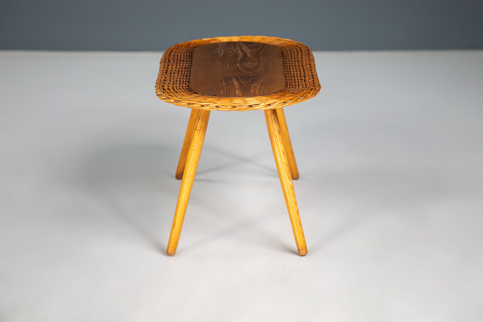 Mid century modern Set/3 wood and wicker side tables, France 1950s Mid-20th century