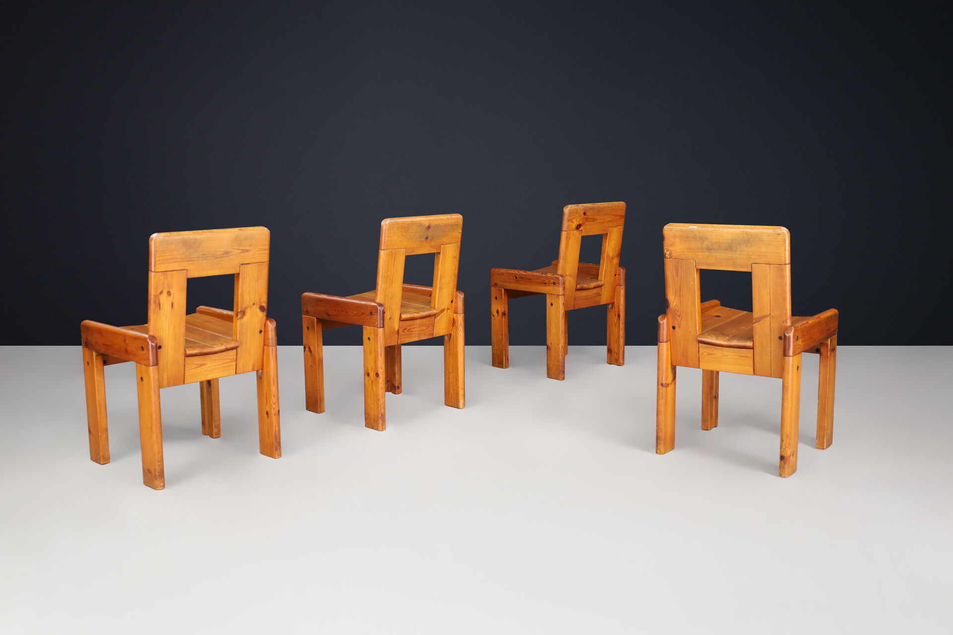 Mid century modern Silvio Coppola for Fratelli Montina Pine Dining Room Chairs Set/4 , Italy 1970s Late-20th century