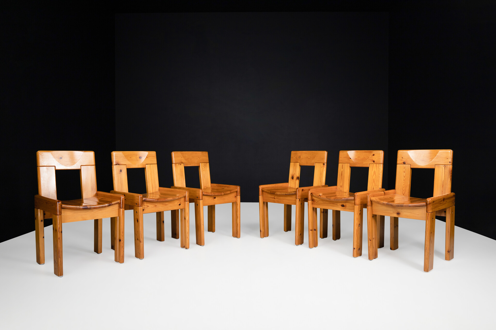 Mid century modern Silvio Coppola for Fratelli Montina Pine Dining Room Chairs Set/6 , Italy 1970s Late-20th century