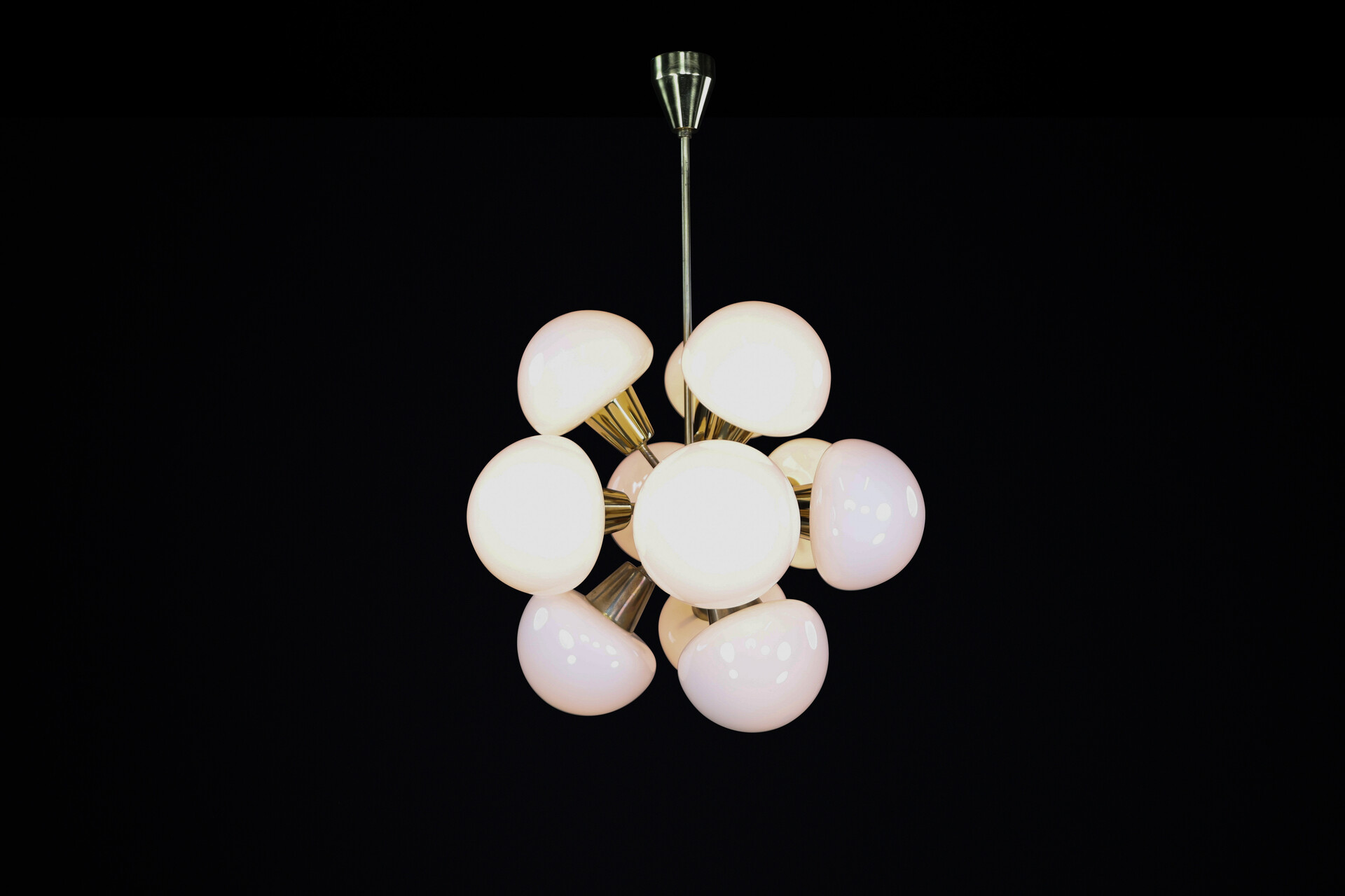 Mid century modern Sputnik Chandelier in Brass and Opaline Glass Spheres,1970s Mid-20th century