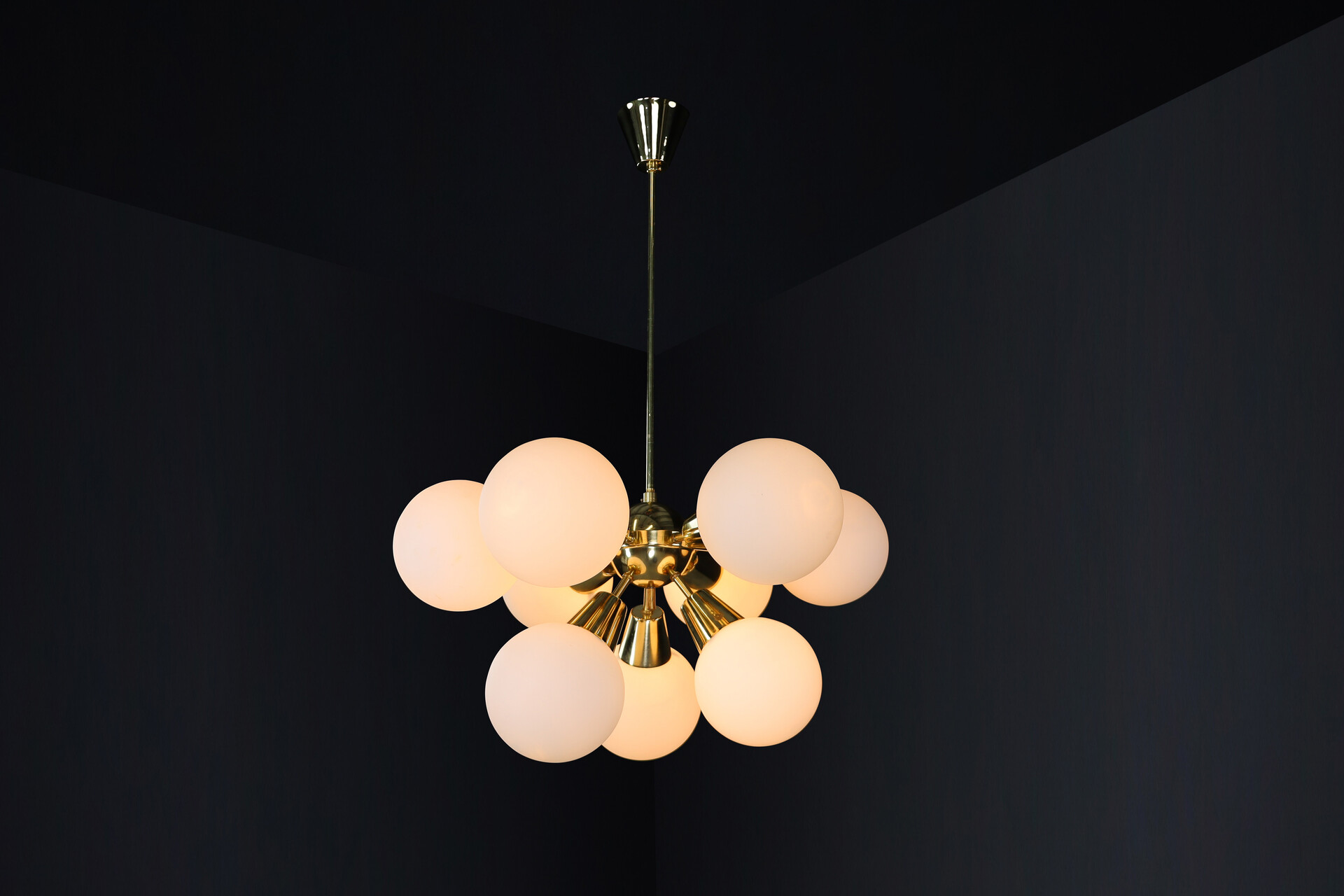 Mid century modern Sputnik Chandeliers in Brass and Opaline Glass Spheres, Europe, 1960s Mid-20th century