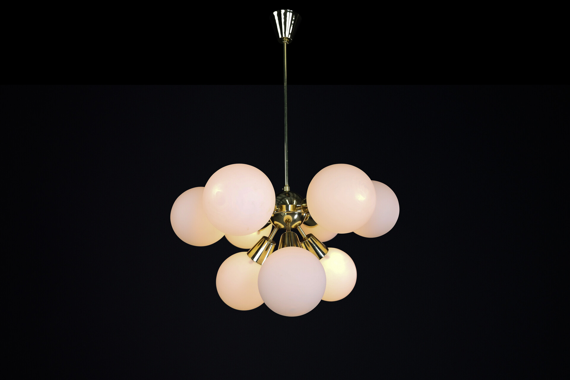 Mid century modern Sputnik Chandeliers in Brass and Opaline Glass Spheres, Europe, 1960s Mid-20th century