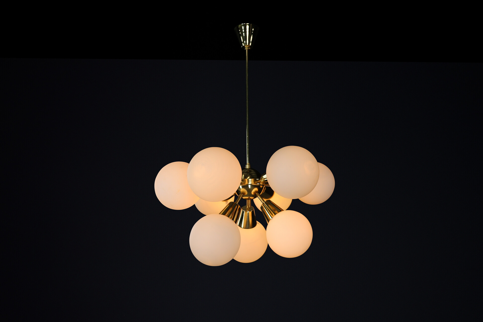 Mid century modern Sputnik Chandeliers in Brass and Opaline Glass Spheres, Europe, 1960s Mid-20th century