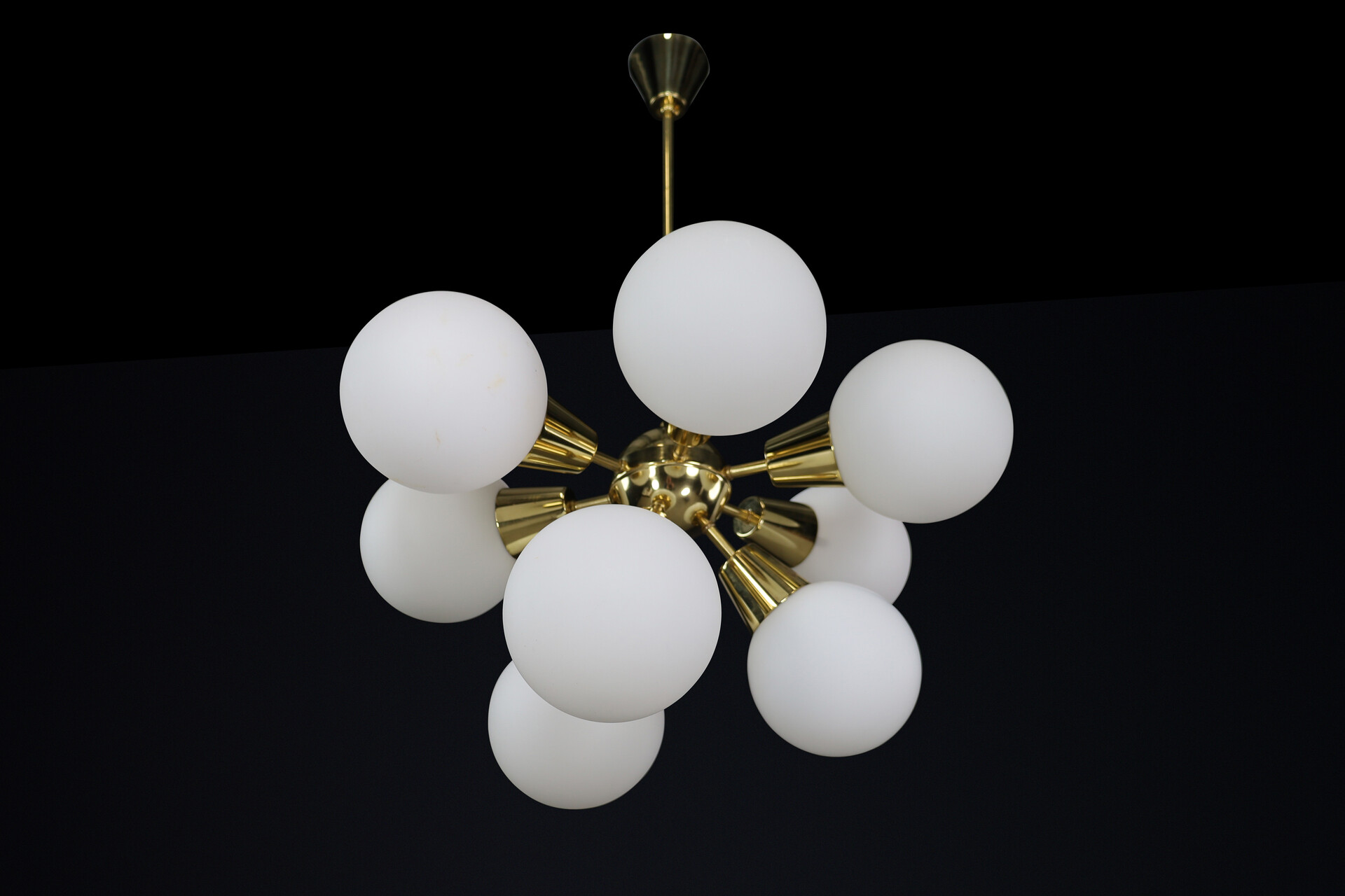 Mid century modern Sputnik Chandeliers in Brass and Opaline Glass Spheres, Europe, 1960s Mid-20th century