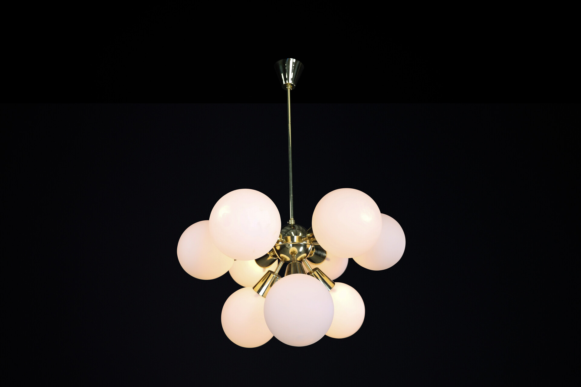 Mid century modern Sputnik Chandeliers in Brass and Opaline Glass Spheres, Europe, 1960s Mid-20th century