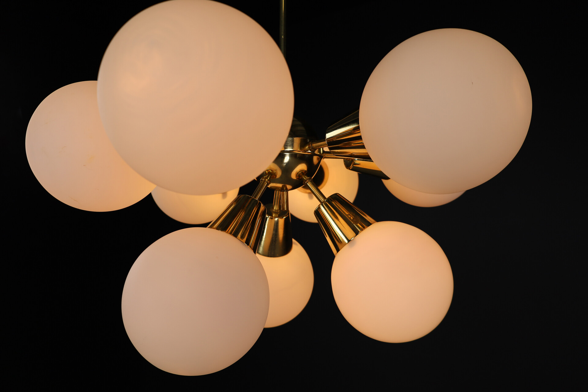 Mid century modern Sputnik Chandeliers in Brass and Opaline Glass Spheres, Europe, 1960s Mid-20th century