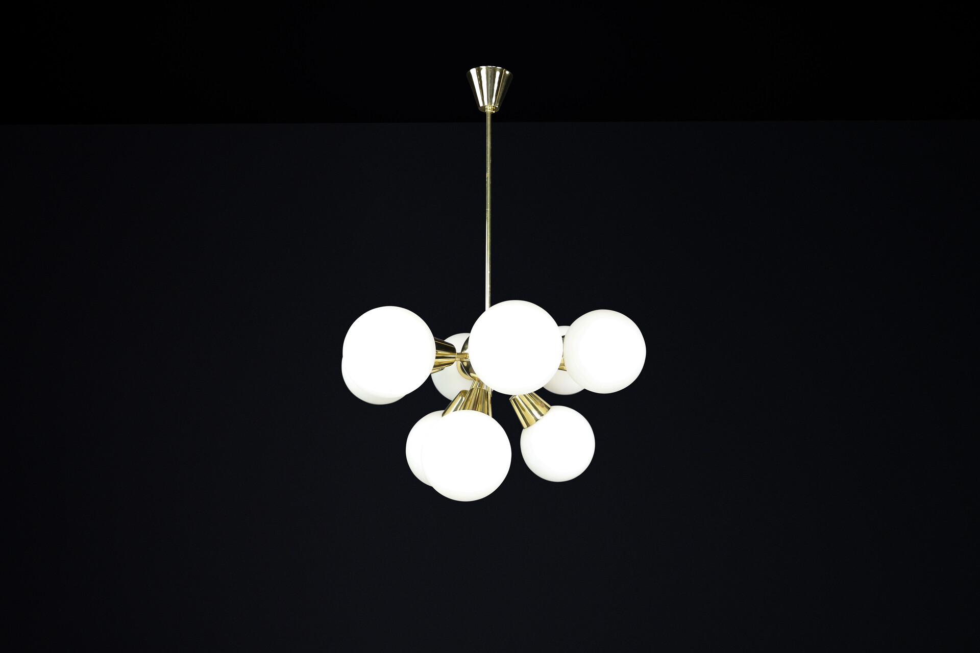 Mid century modern Sputnik Chandeliers in Brass and Opaline Glass Spheres, Europe, 1960s Mid-20th century