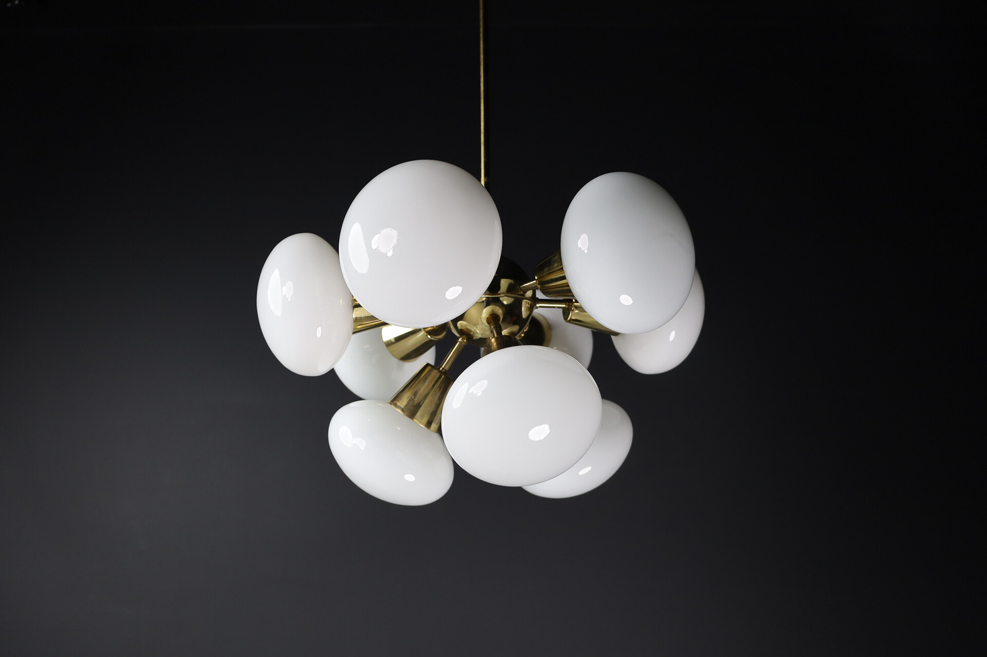 Mid century modern Sputnik Chandeliers in Brass and Opaline Glass Spheres, Europe, 1960s Mid-20th century