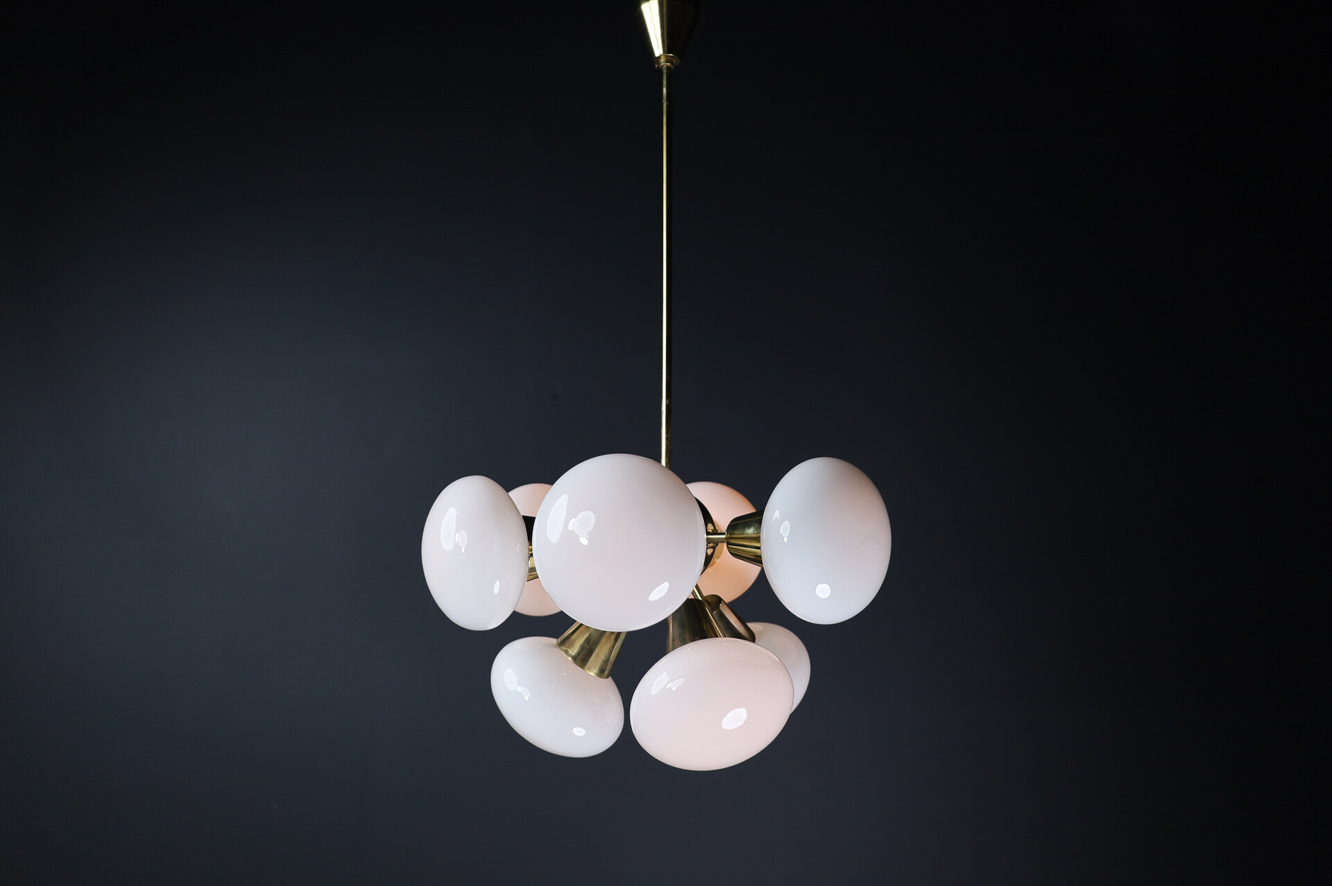 Mid century modern Sputnik Chandeliers in Brass and Opaline Glass Spheres, Europe, 1960s Mid-20th century