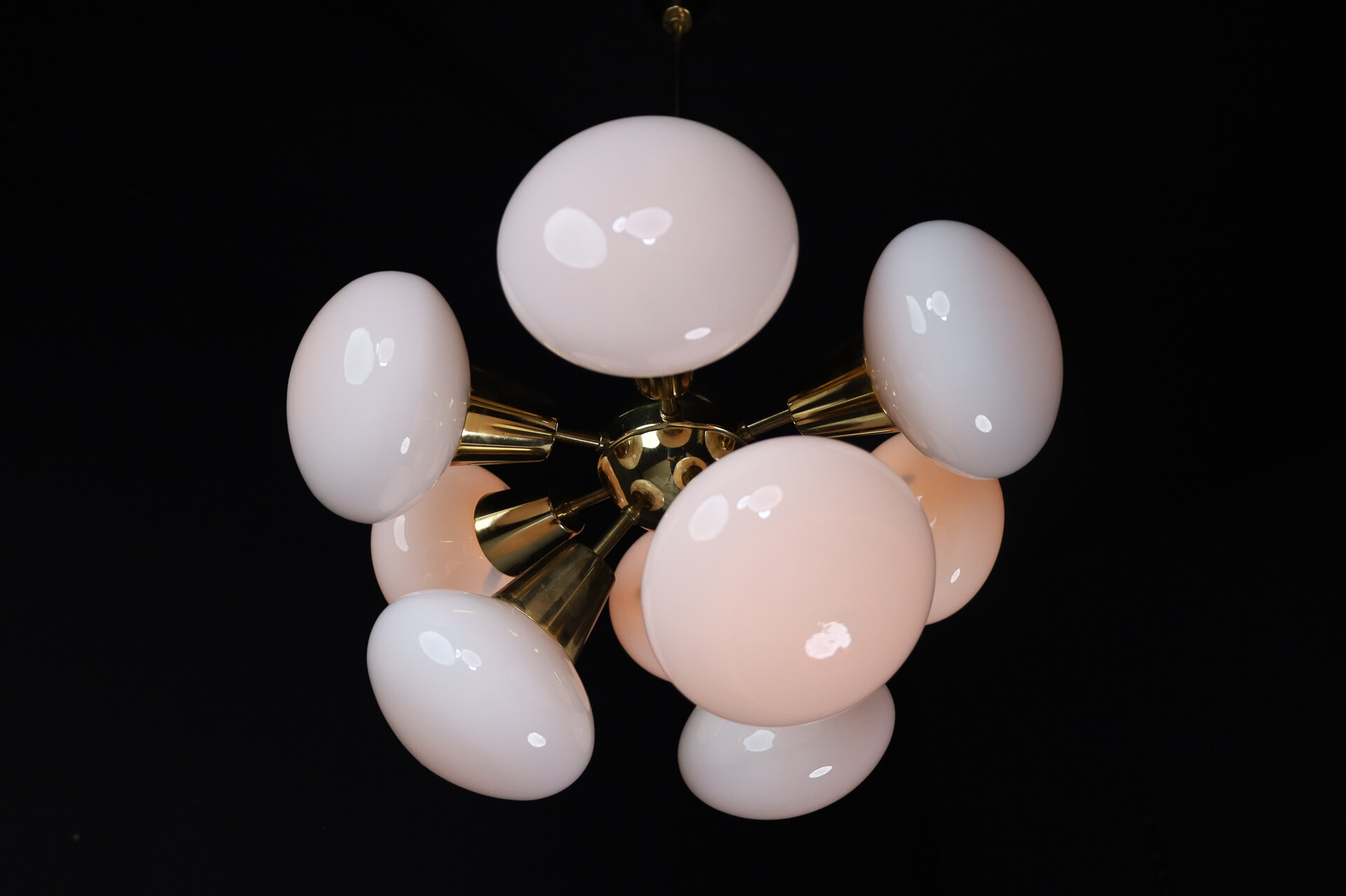 Mid century modern Sputnik Chandeliers in Brass and Opaline Glass Spheres, Europe, 1960s Mid-20th century