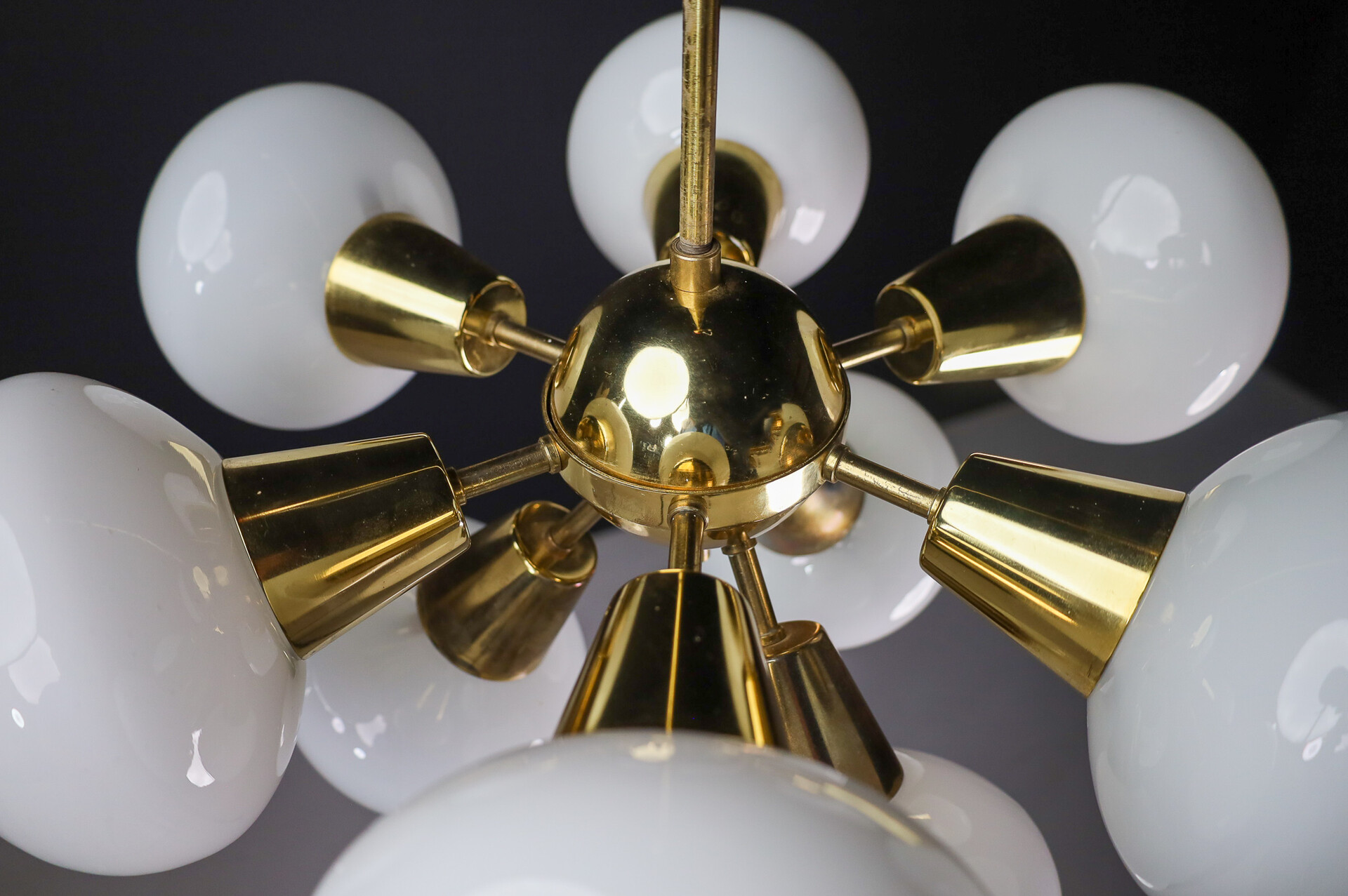 Mid century modern Sputnik Chandeliers in Brass and Opaline Glass Spheres, Europe, 1960s Mid-20th century