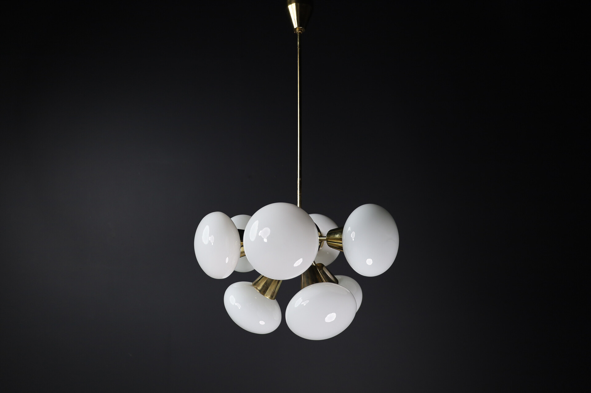 Mid century modern Sputnik Chandeliers in Brass and Opaline Glass Spheres, Europe, 1960s Mid-20th century