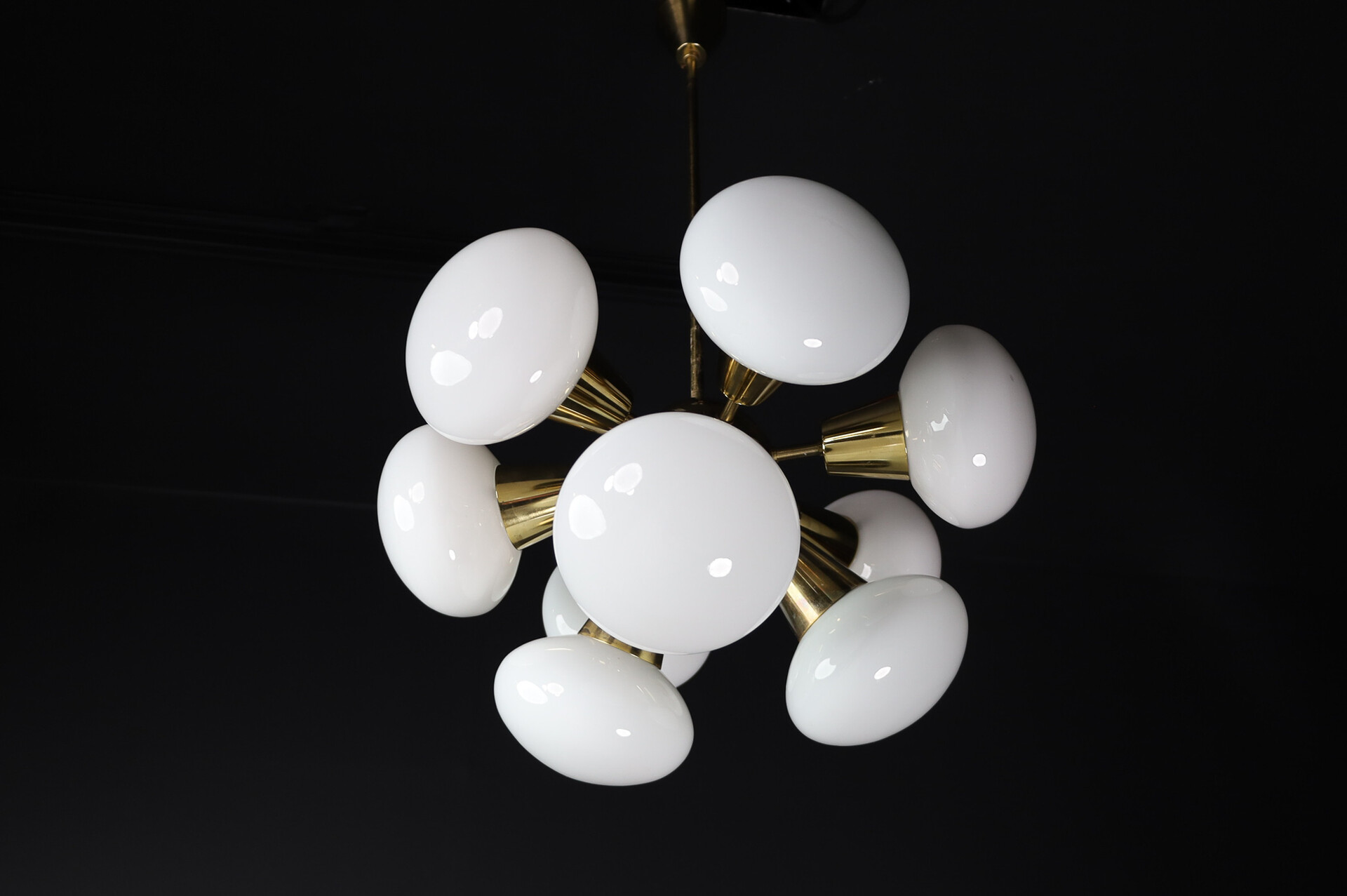 Mid century modern Sputnik Chandeliers in Brass and Opaline Glass Spheres, Europe, 1960s Mid-20th century