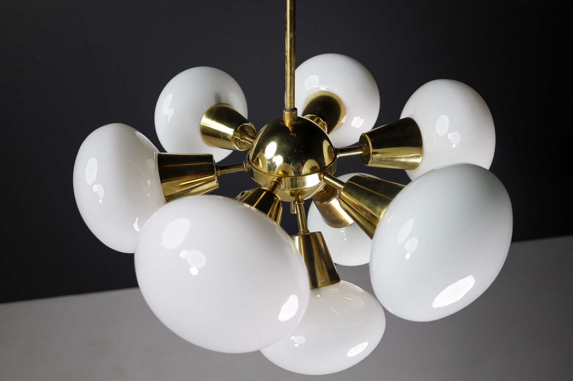 Mid century modern Sputnik Chandeliers in Brass and Opaline Glass Spheres, Europe, 1960s Mid-20th century