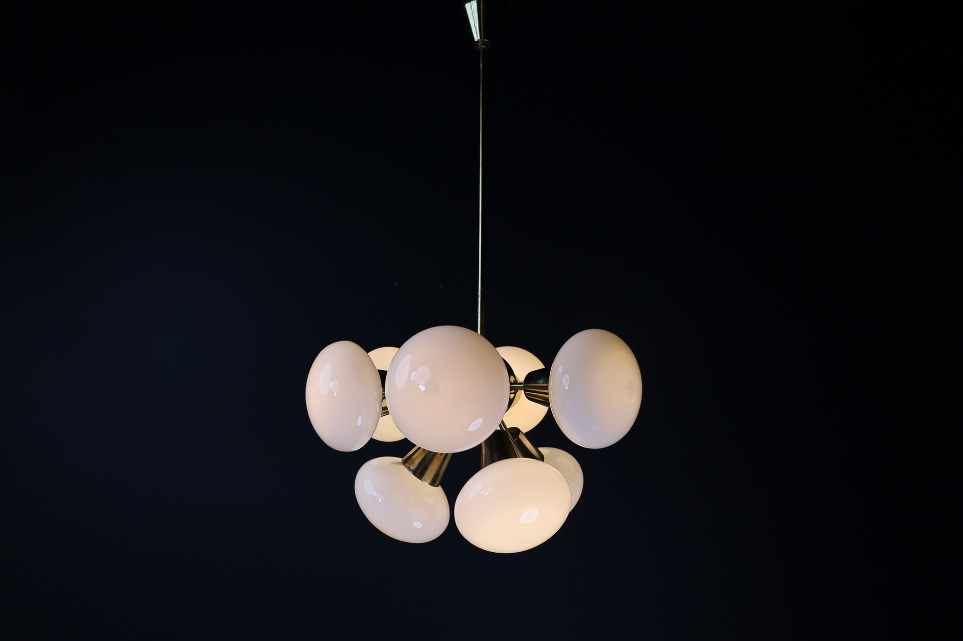 Mid century modern Sputnik Chandeliers in Brass and Opaline Glass Spheres, Europe, 1960s Mid-20th century