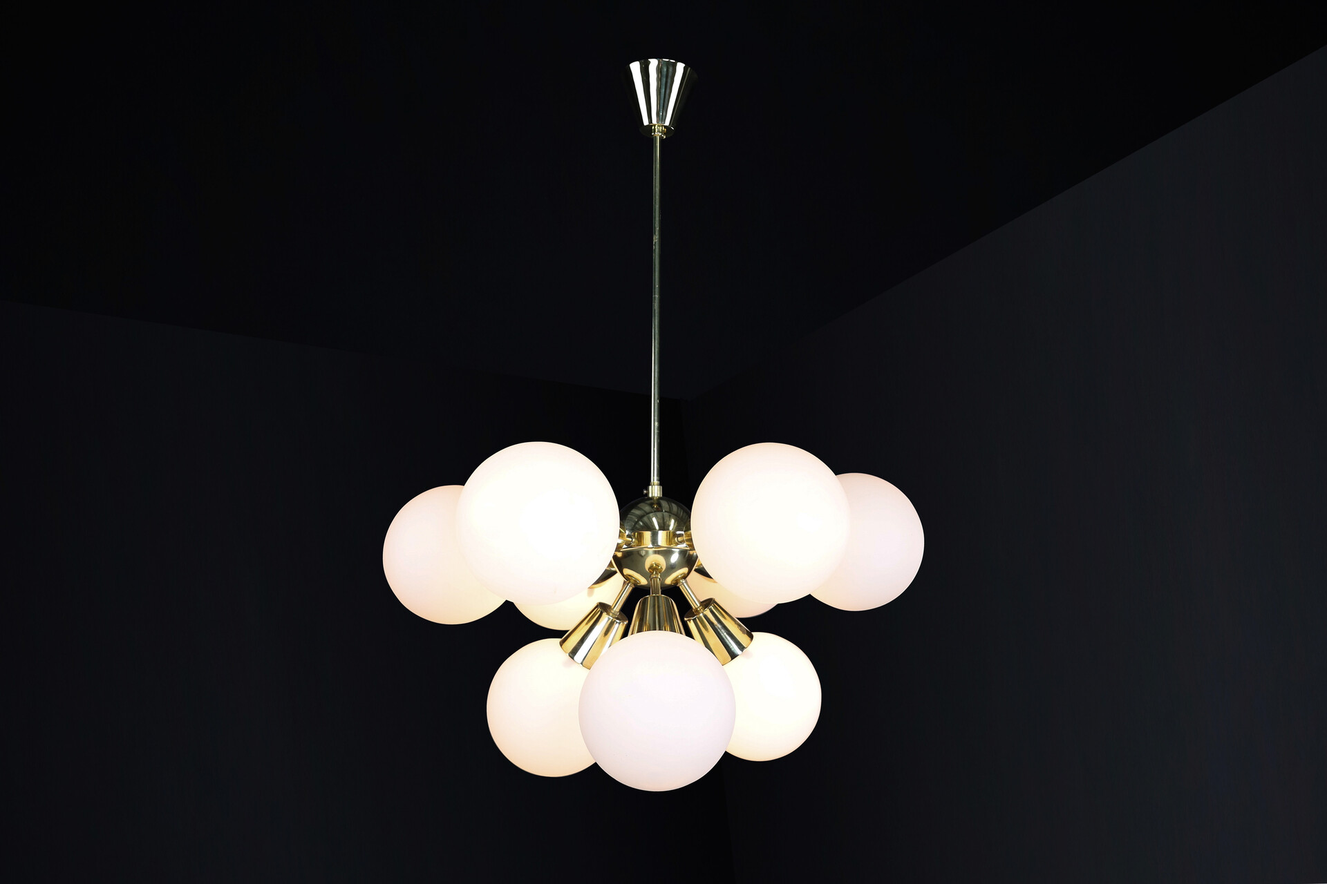 Mid century modern Sputnik Chandeliers in Brass and Opaline Glass Spheres, Europe, 1960s Mid-20th century