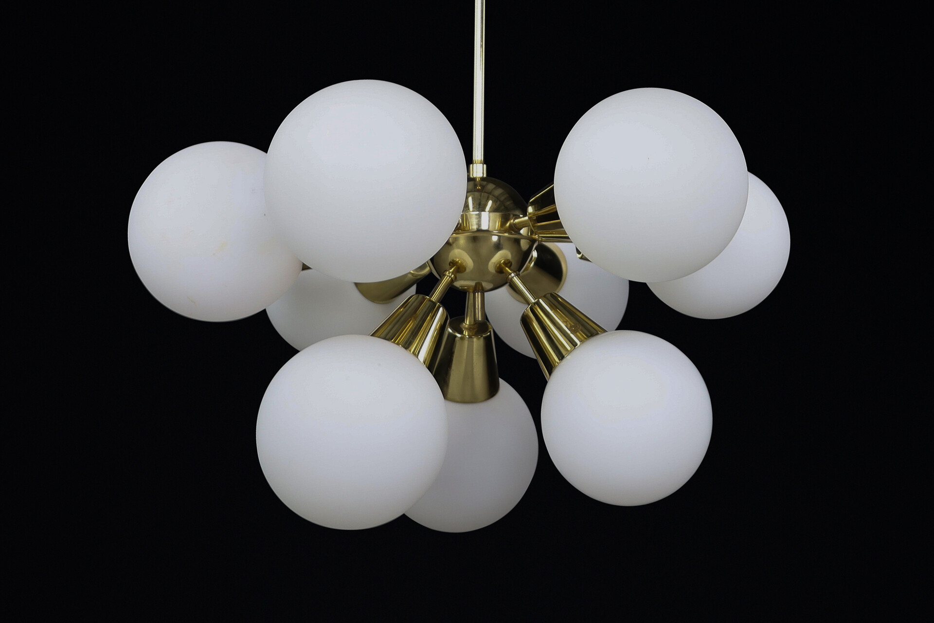 Mid century modern Sputnik Chandeliers in Brass and Opaline Glass Spheres, Europe, 1960s Mid-20th century