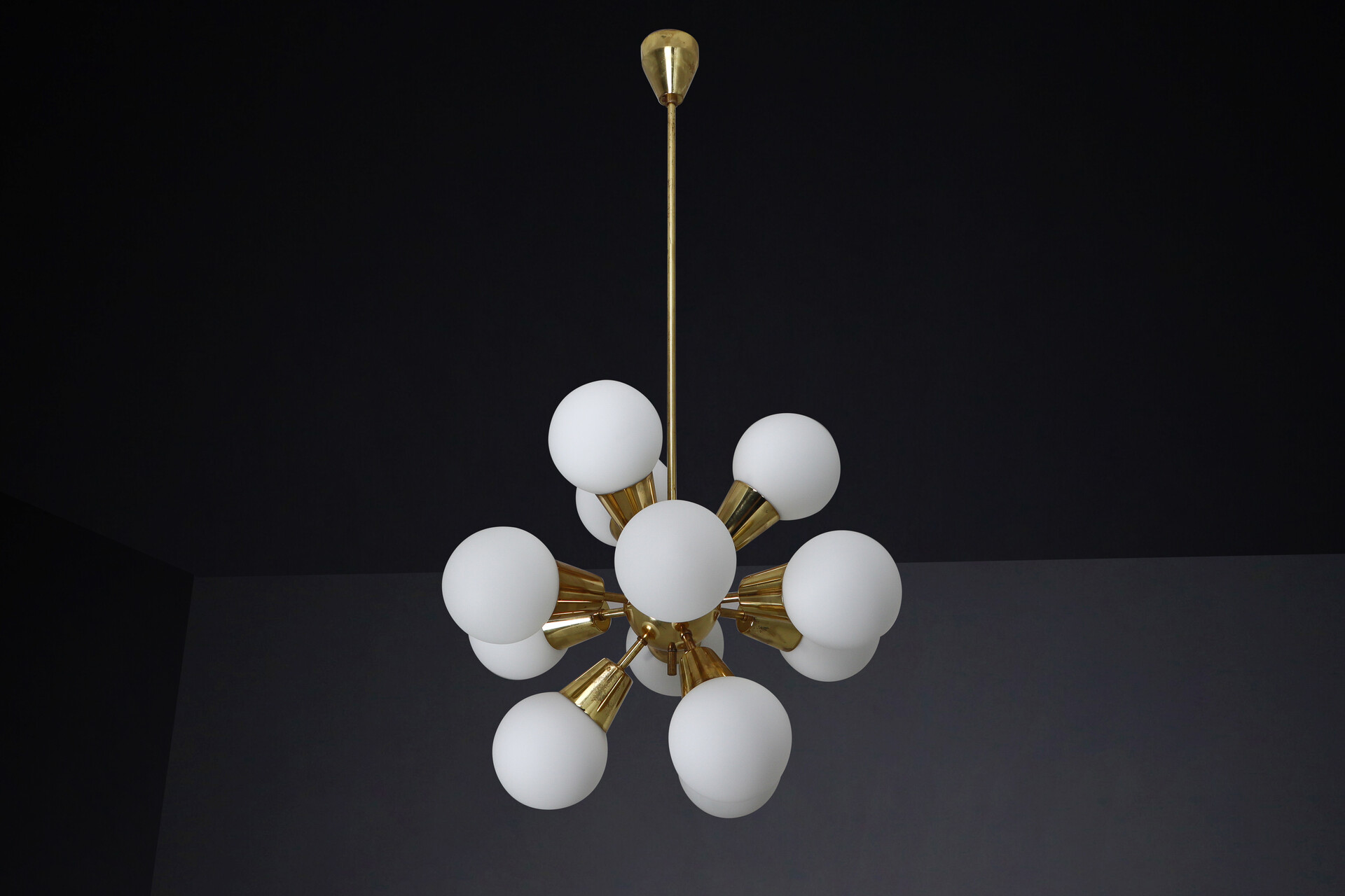 Mid century modern Sputnik Chandeliers in Brass and Opaline Glass Spheres,1970s Mid-20th century