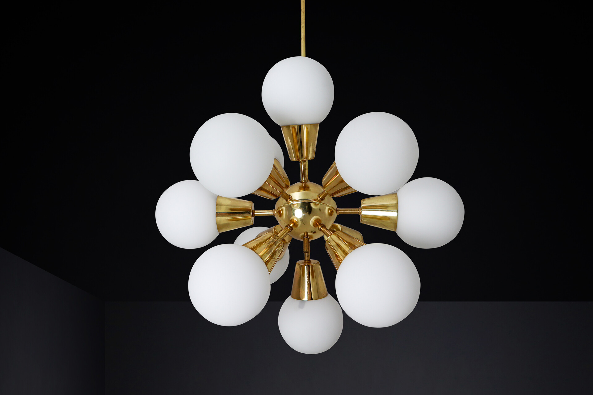 Mid century modern Sputnik Chandeliers in Brass and Opaline Glass Spheres,1970s Mid-20th century