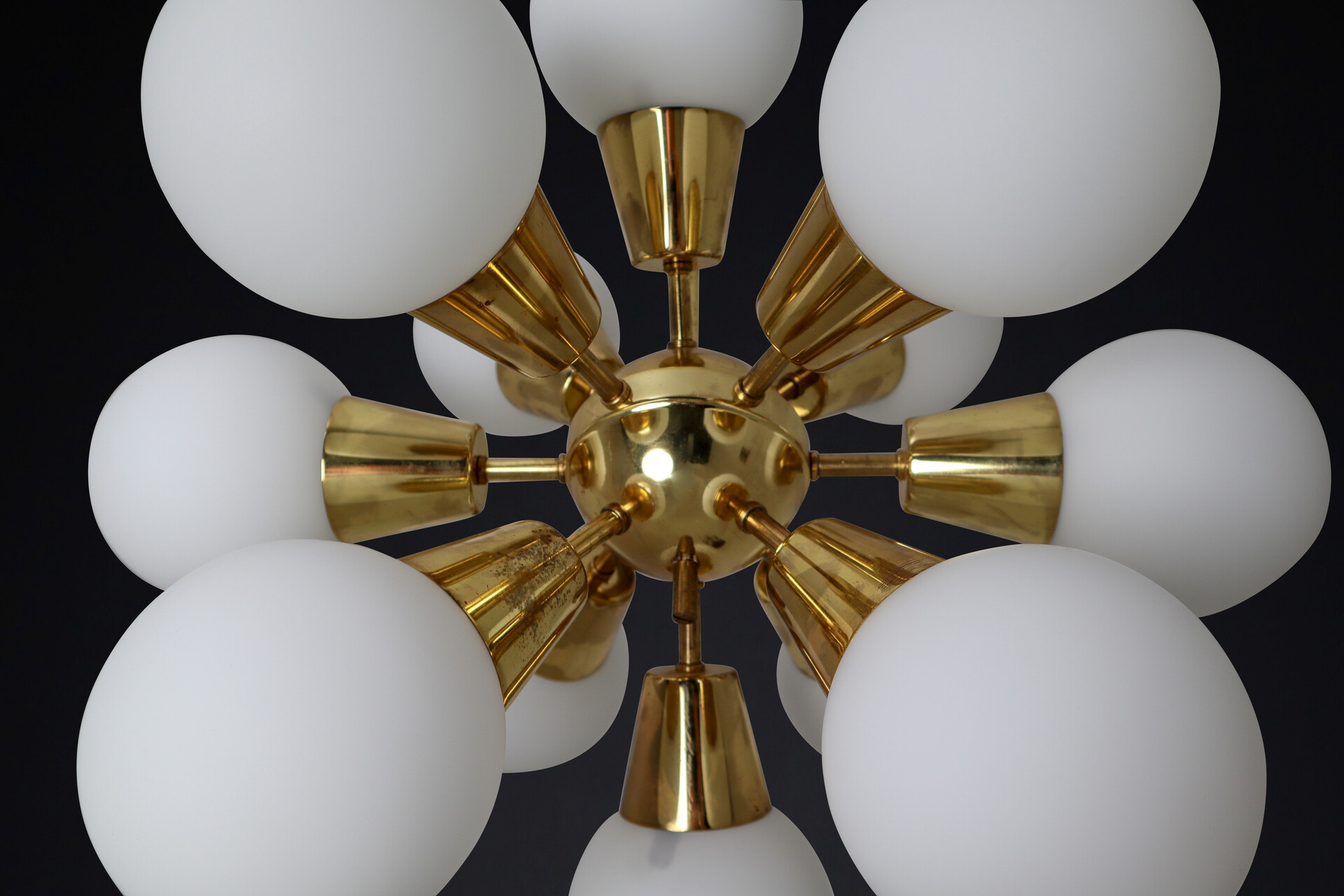 Mid century modern Sputnik Chandeliers in Brass and Opaline Glass Spheres,1970s Mid-20th century