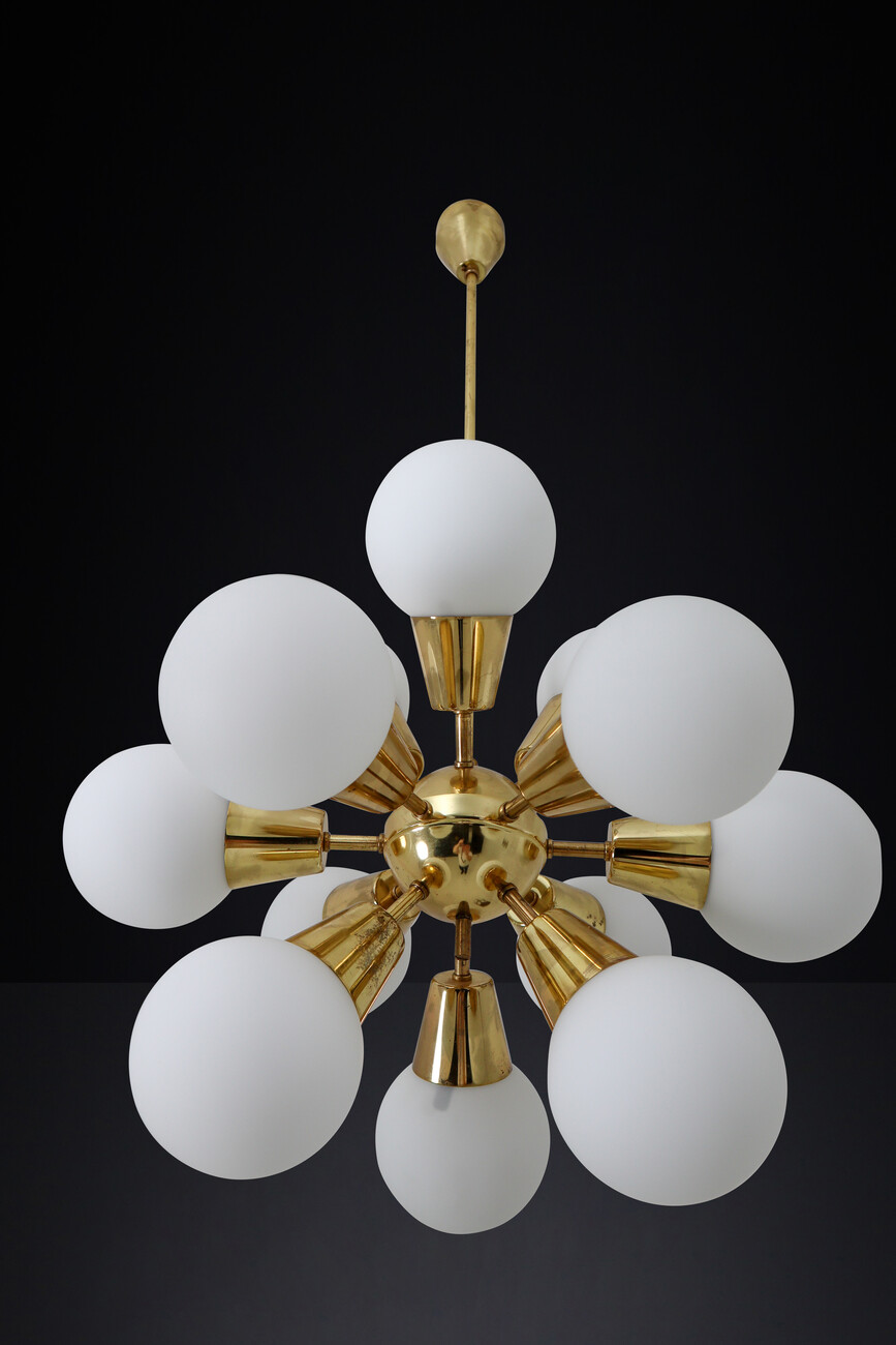 Mid century modern Sputnik Chandeliers in Brass and Opaline Glass Spheres,1970s Mid-20th century