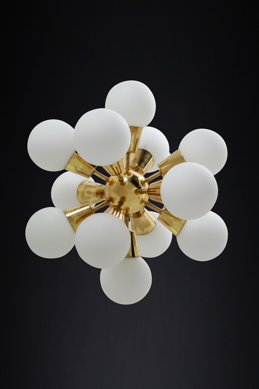 Mid century modern Sputnik Chandeliers in Brass and Opaline Glass Spheres,1970s Mid-20th century