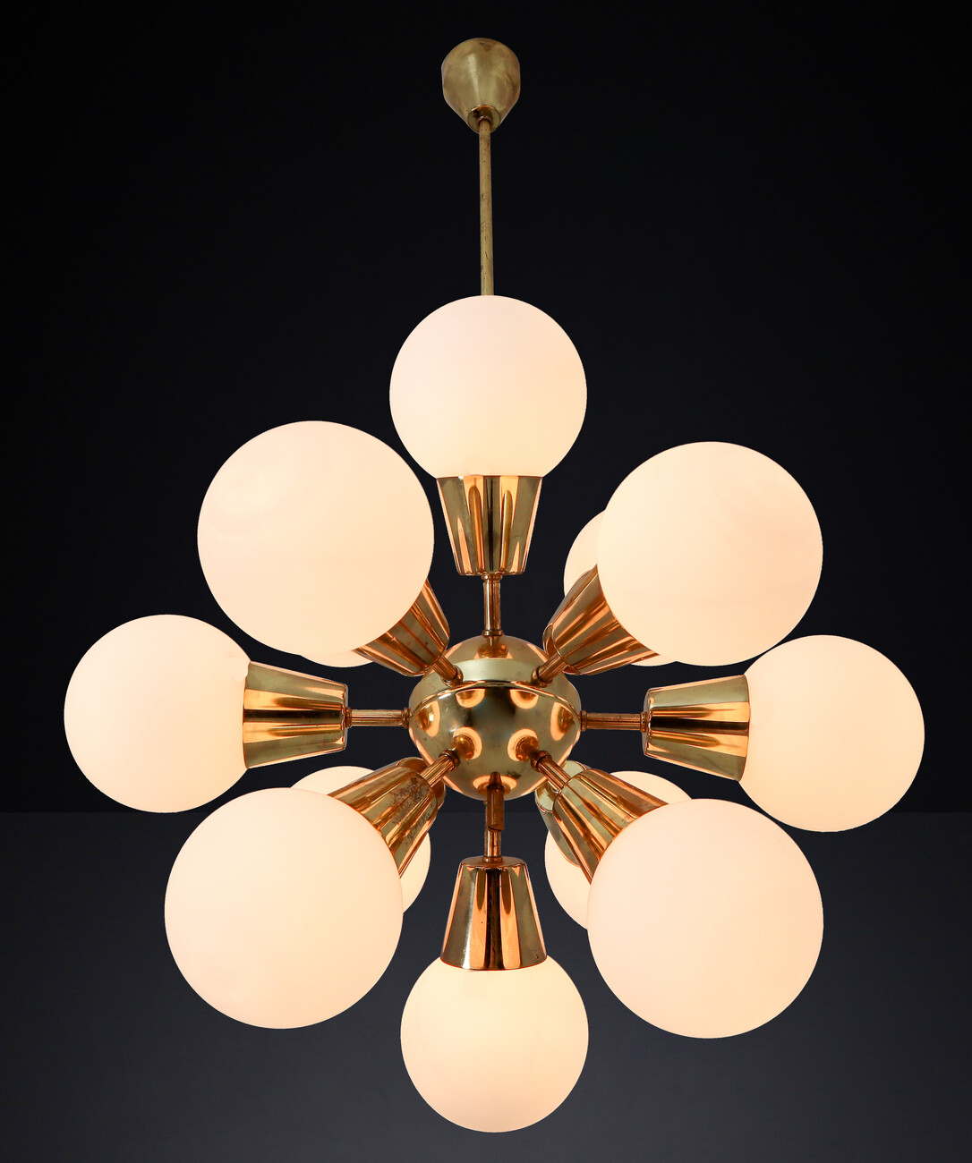 Mid century modern Sputnik Chandeliers in Brass and Opaline Glass Spheres,1970s Mid-20th century