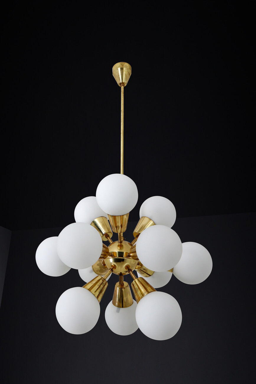 Mid century modern Sputnik Chandeliers in Brass and Opaline Glass Spheres,1970s Mid-20th century