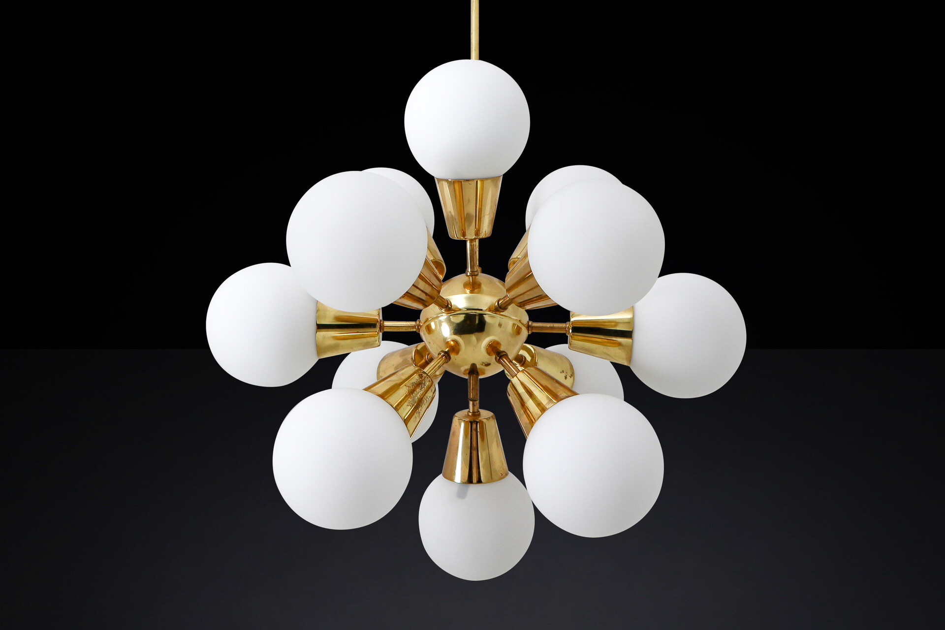 Mid century modern Sputnik Chandeliers in Brass and Opaline Glass Spheres,1970s Mid-20th century