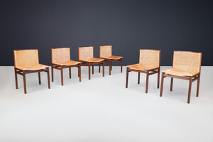 Mid century modern Tito Agnoli Dining room chairs in patinated leather and hardwood, Italy 1960s Mid-20th century