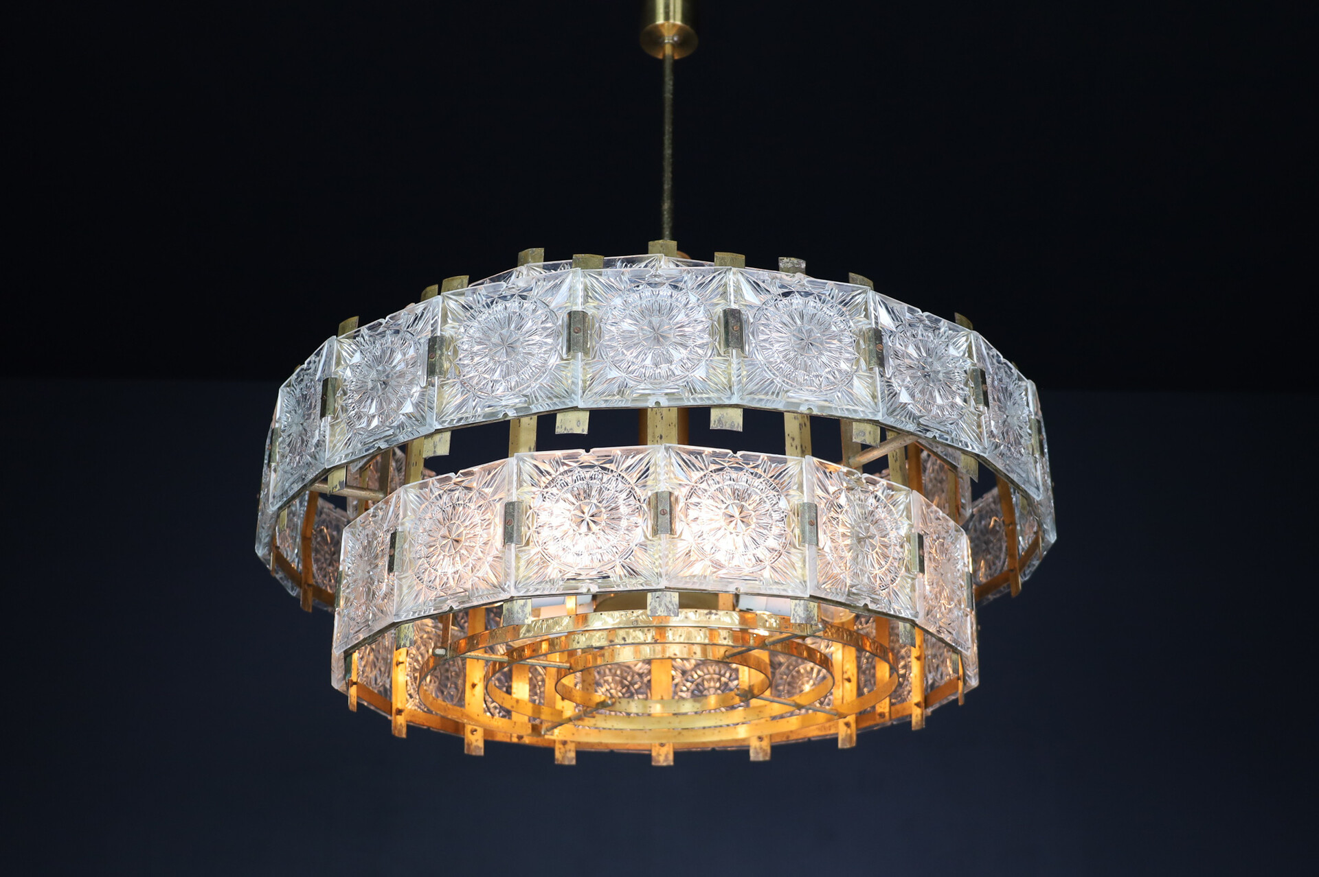 Mid century modern XL patinated Brass and glass Chandelier by Kamenicky Senov, the 1970s Mid-20th century