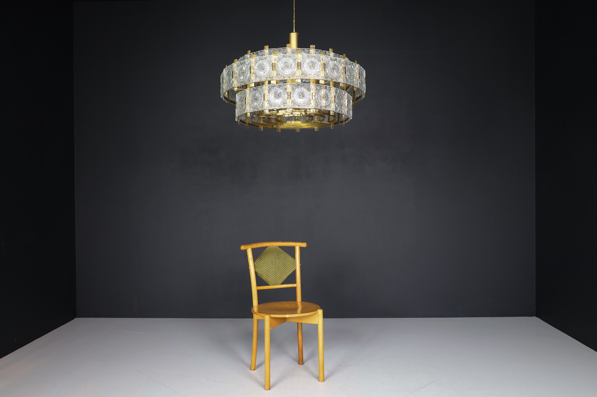 Mid century modern XL patinated Brass and glass Chandelier by Kamenicky Senov, the 1970s Mid-20th century