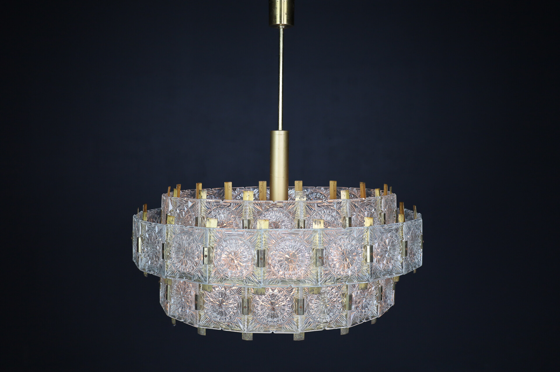 Mid century modern XL patinated Brass and glass Chandelier by Kamenicky Senov, the 1970s Mid-20th century