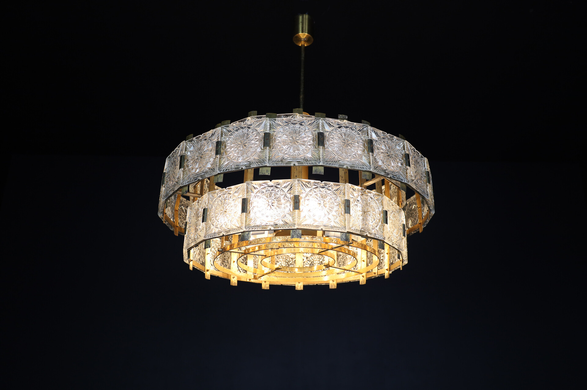 Mid century modern XL patinated Brass and glass Chandelier by Kamenicky Senov, the 1970s Mid-20th century