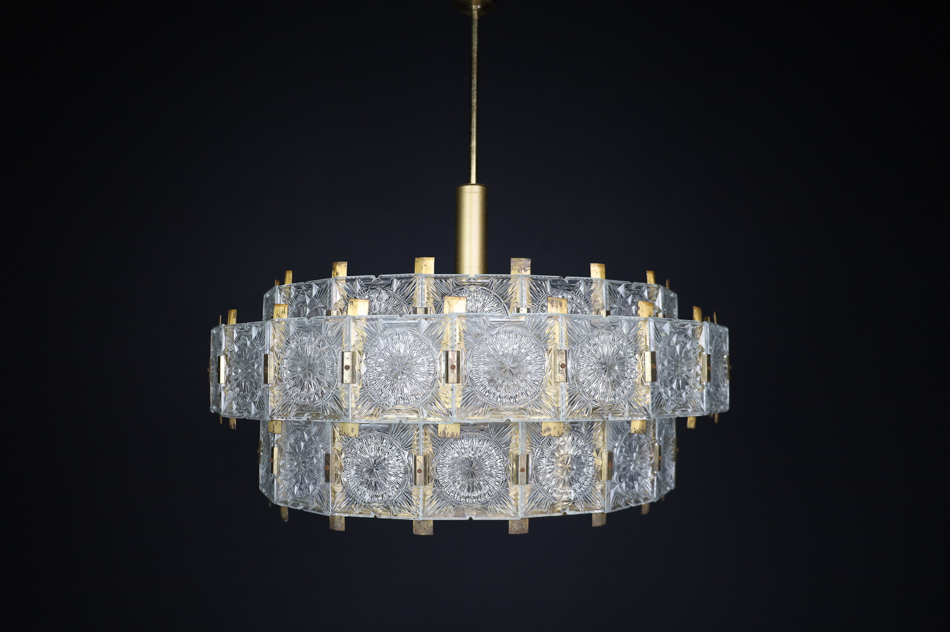 Mid century modern XL patinated Brass and glass Chandelier by Kamenicky Senov, the 1970s Mid-20th century