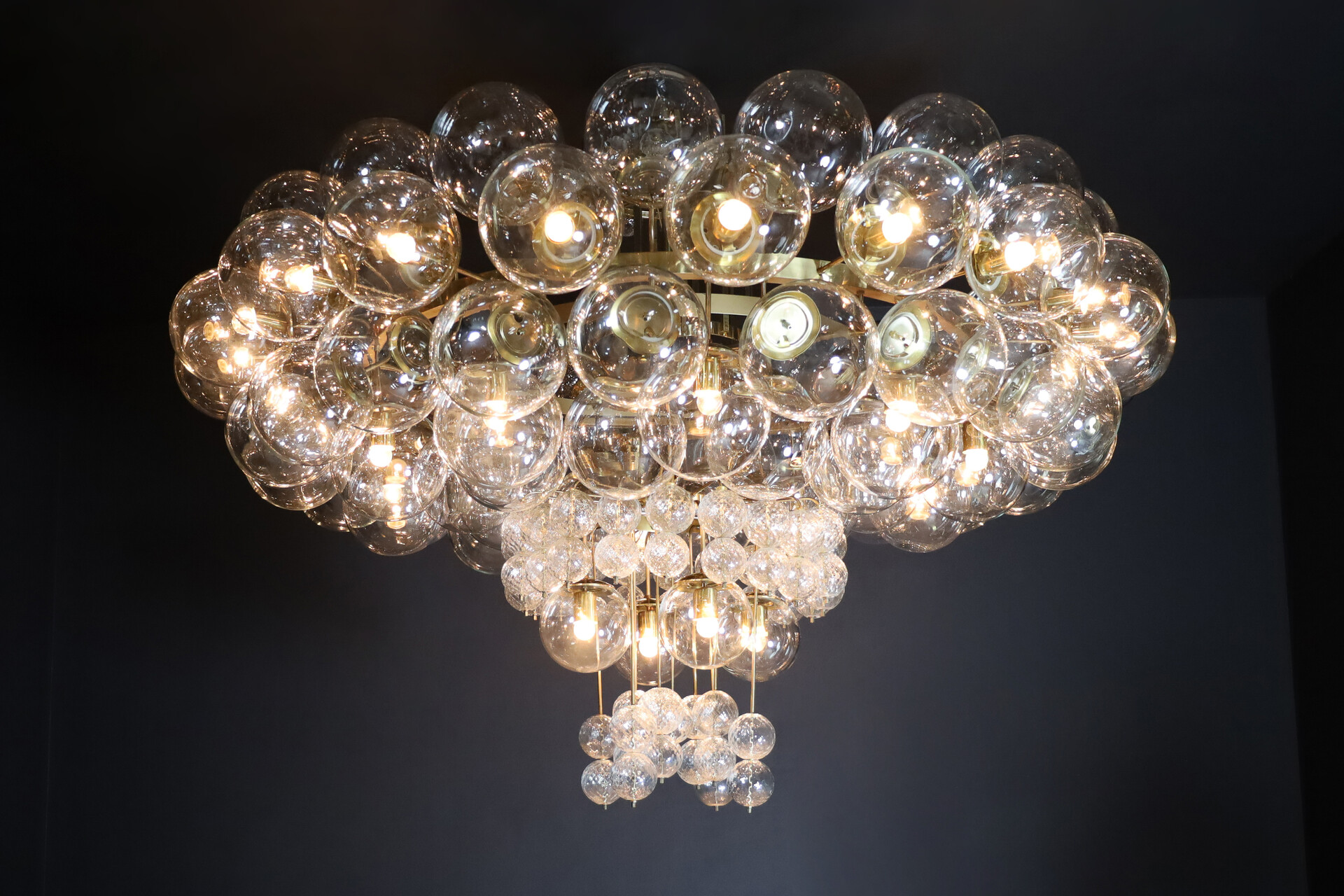 Mid century modern XXL hotel chandelier with brass fixture and hand-blowed glass globes by Preciosa, Czechia 1960s Mid-20th century