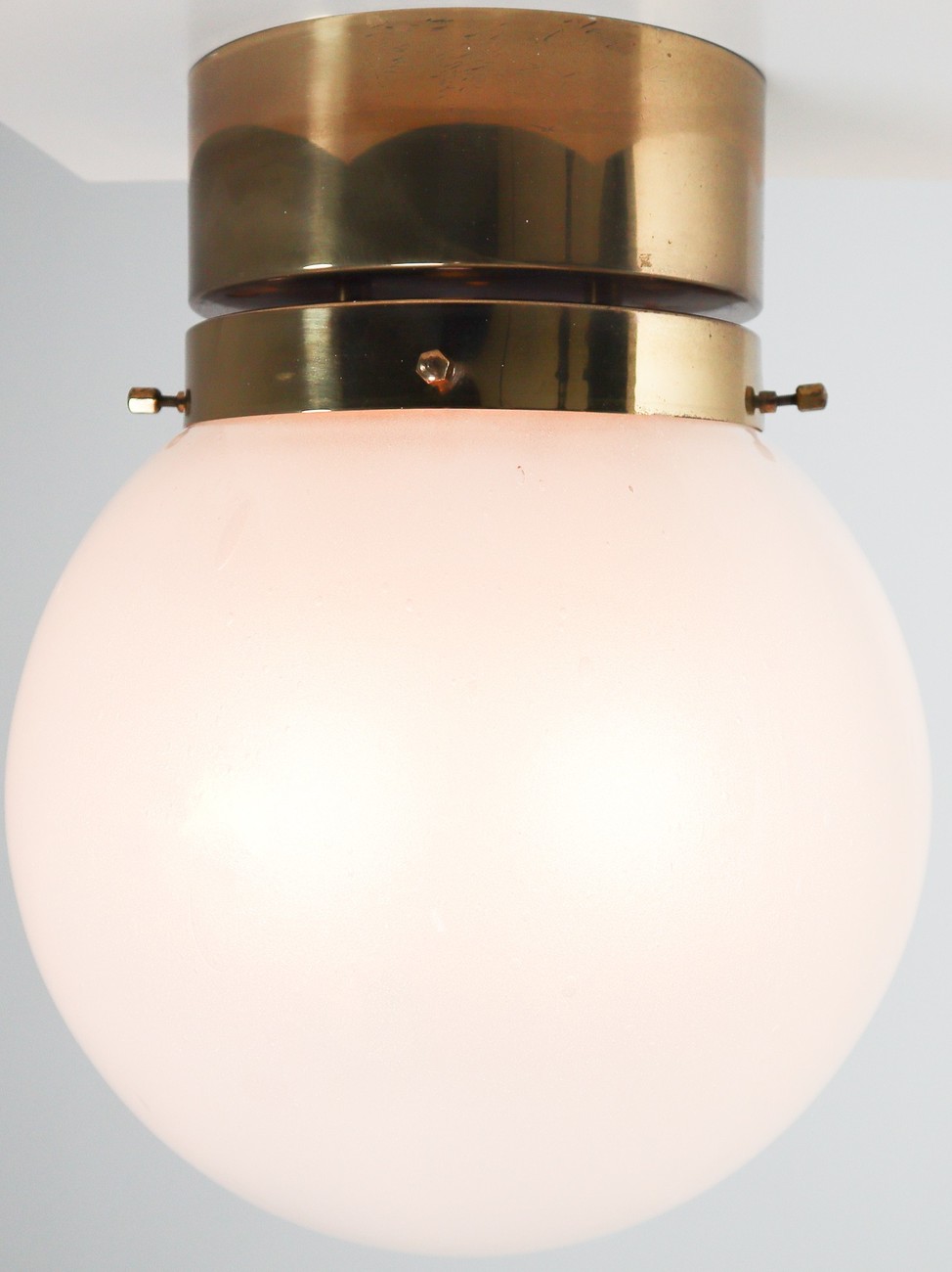 Midcentury Ceiling Light with Brass Frame and White Frosted Glass Globe 1960s Mid-20th century