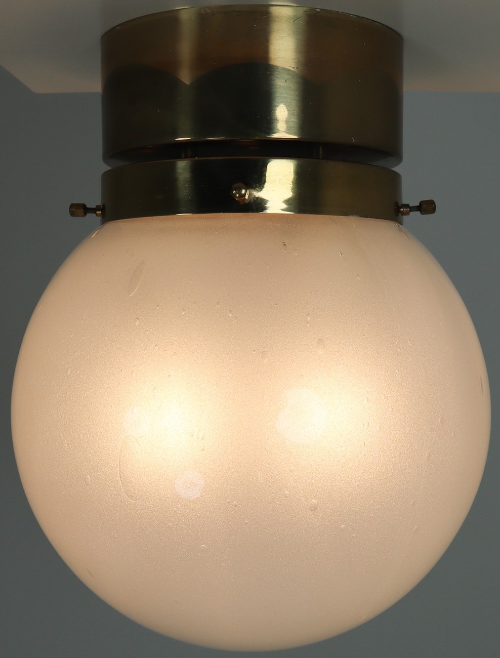 Midcentury Ceiling Light with Brass Frame and White Frosted Glass Globe 1960s Mid-20th century