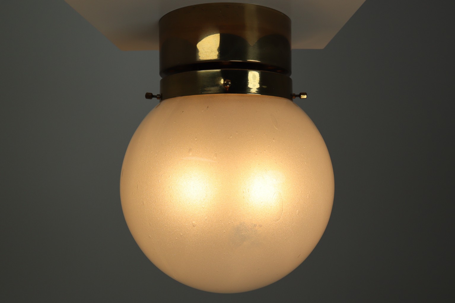 Midcentury Ceiling Light with Brass Frame and White Frosted Glass Globe 1960s Mid-20th century