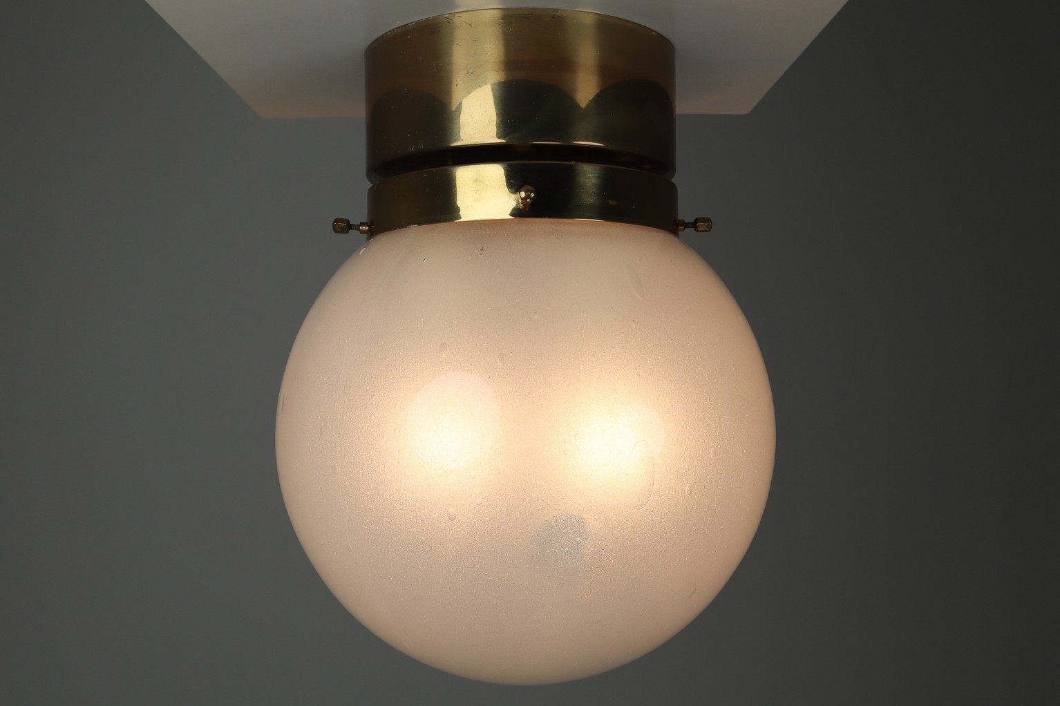 Midcentury Ceiling Light with Brass Frame and White Frosted Glass Globe 1960s Mid-20th century