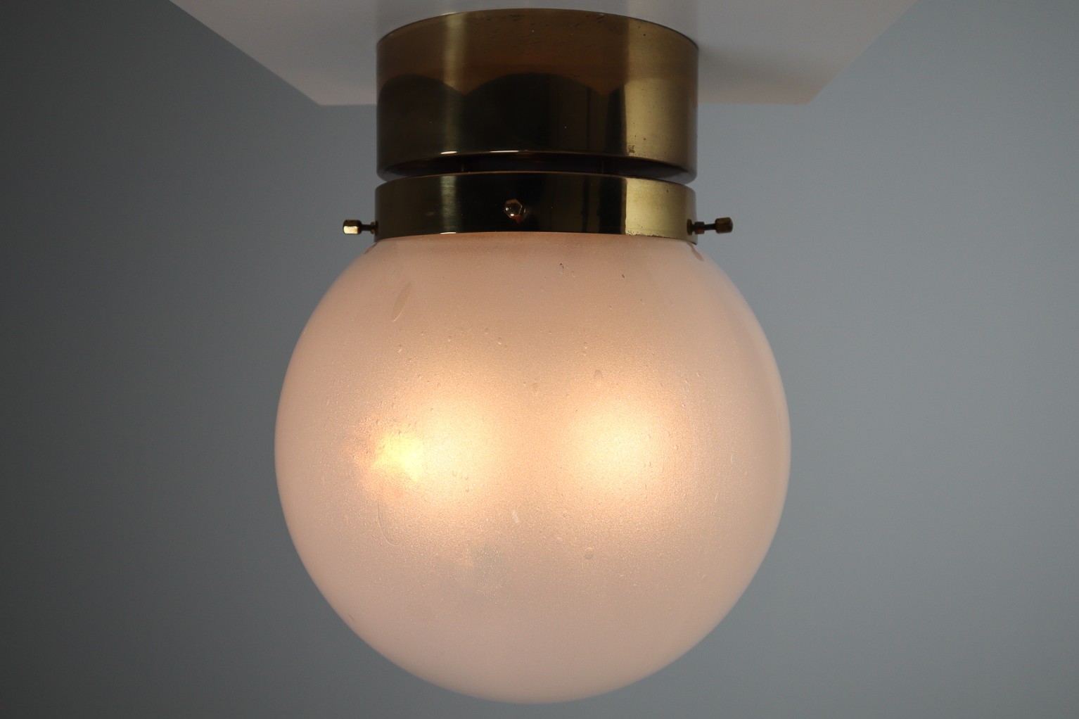 Midcentury Ceiling Light with Brass Frame and White Frosted Glass Globe 1960s Mid-20th century