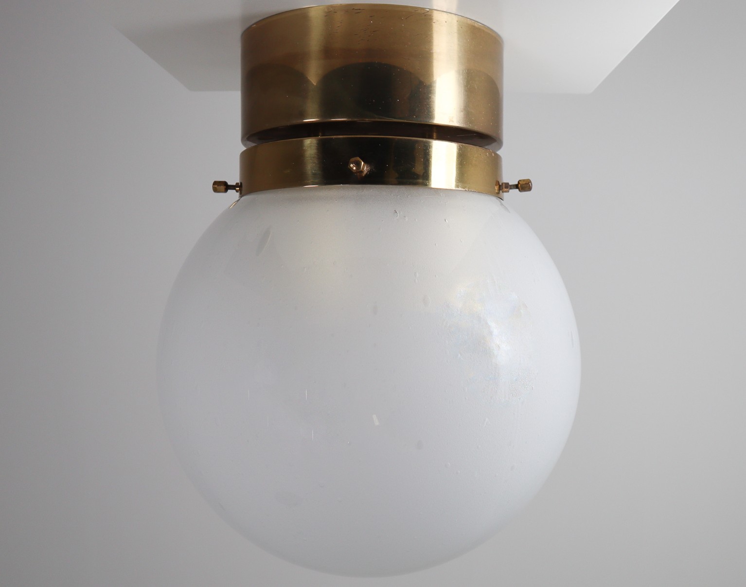 Midcentury Ceiling Light with Brass Frame and White Frosted Glass Globe 1960s Mid-20th century