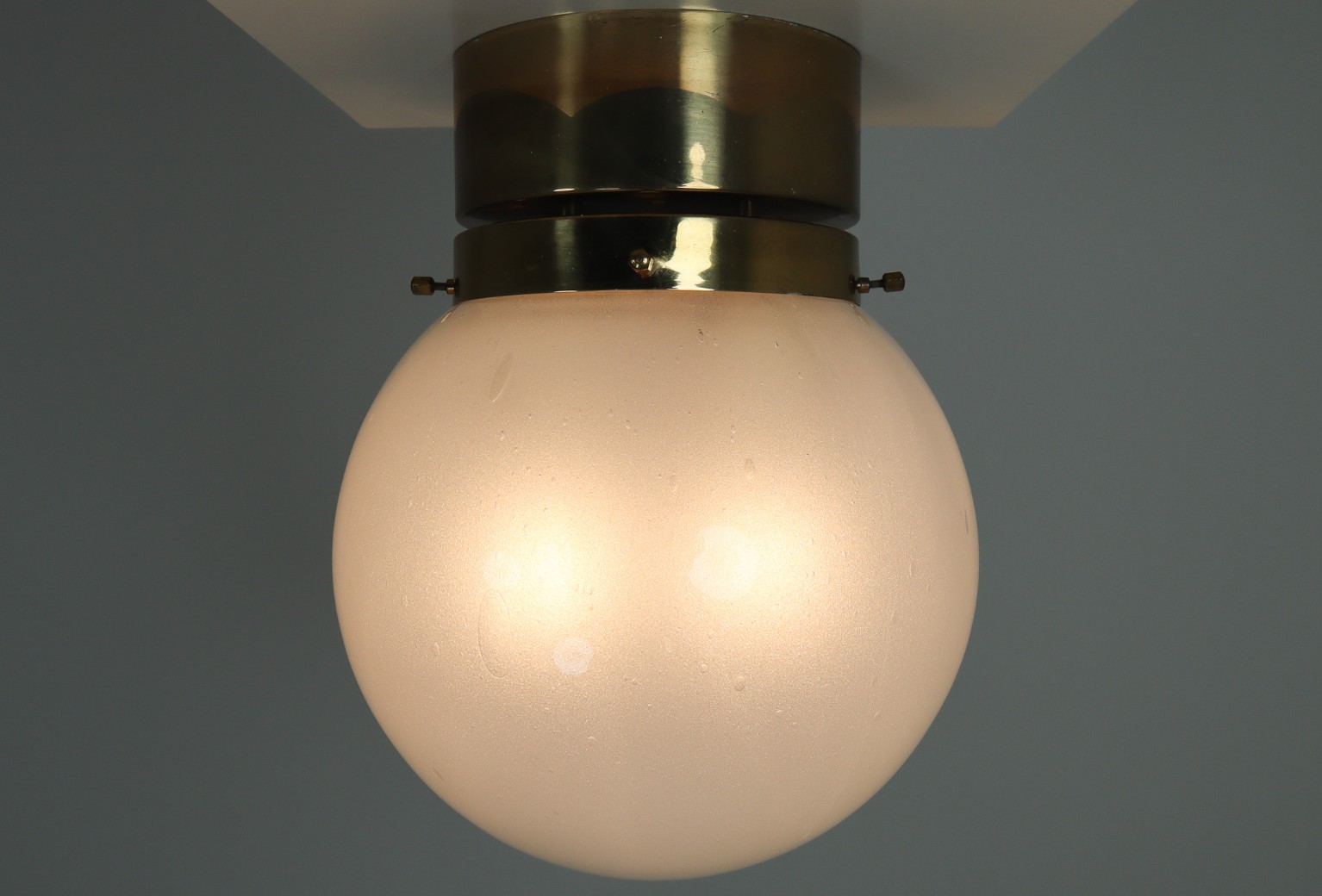 Midcentury Ceiling Light with Brass Frame and White Frosted Glass Globe 1960s Mid-20th century